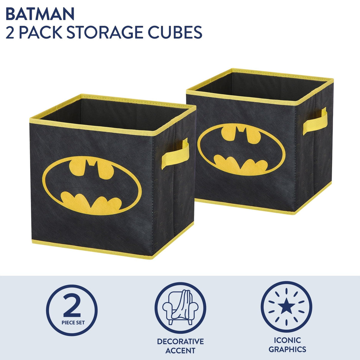 Batman Kids Storage Cubes, 2 Pack Foldable Fabric Bins with Handles, Collapsible Organizer Boxes for Bedroom, Playroom & Nursery, Durable Kids Storage Solution