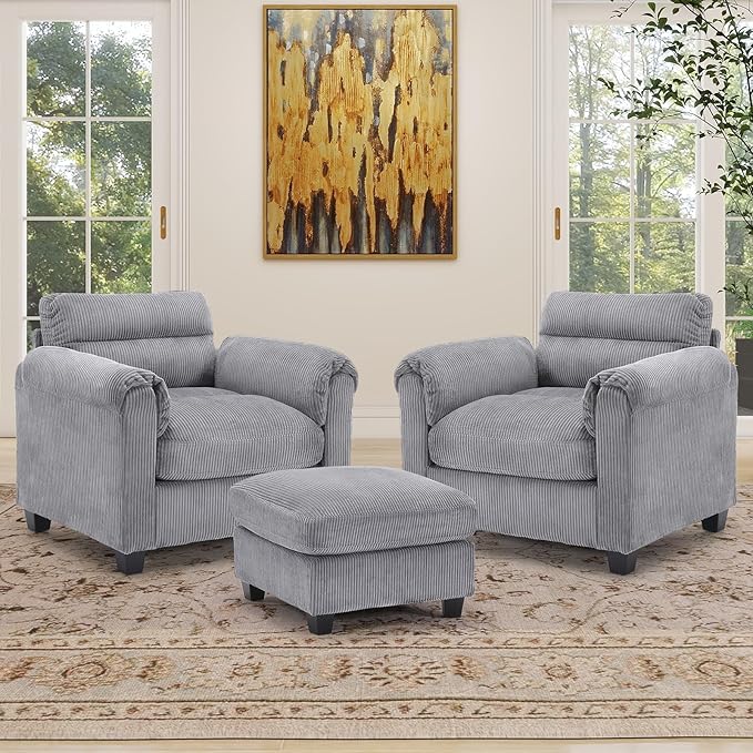 HAOMARKETS Corduroy 3-Piece Sofa Set, Upholstered Ottoman and Accent Chair Sofa