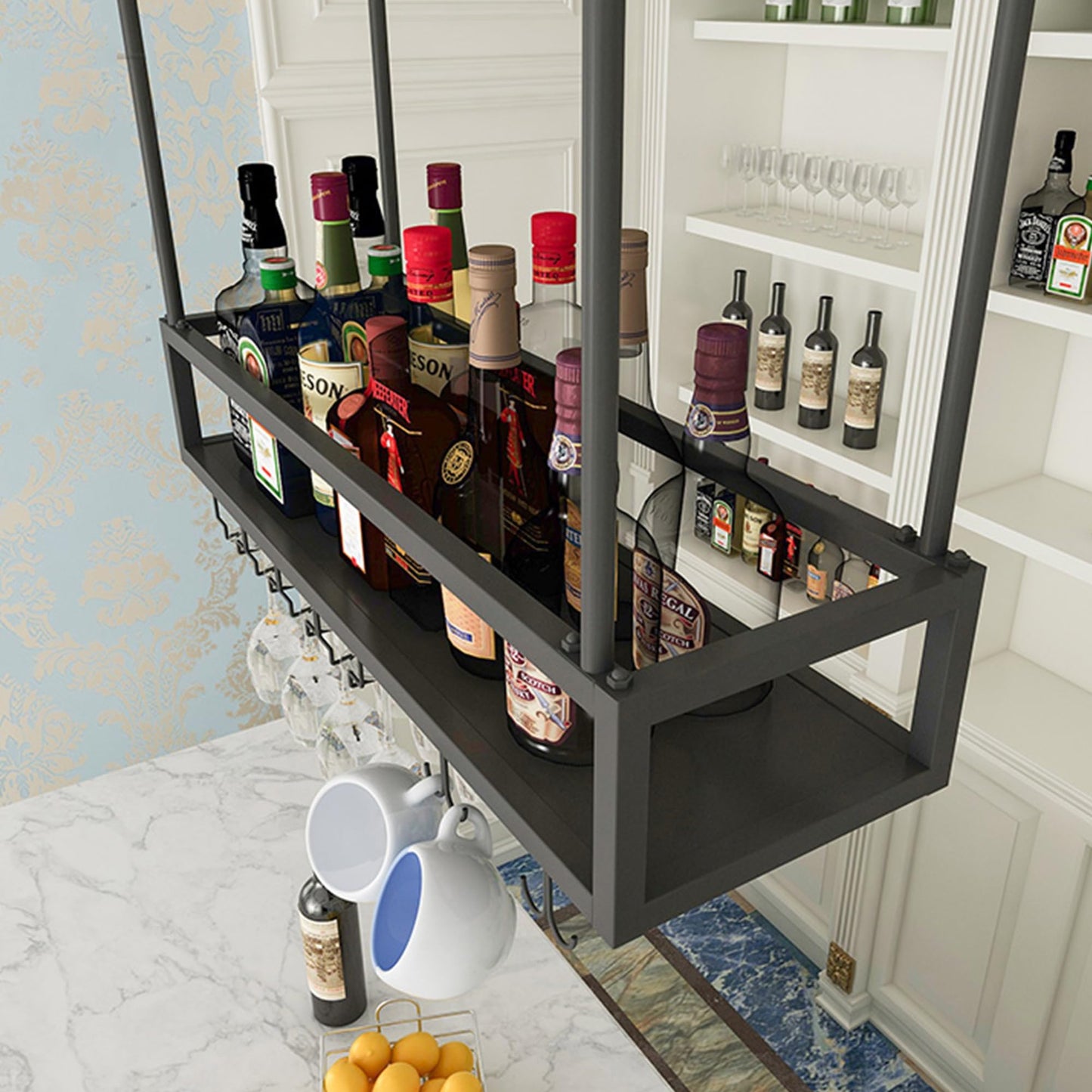 GYRHNNP Wall Mounted Hanging Wine Rack with Glass Holder and Floating Shelves for Liquor Bottles Mini Bar Display Shelf for Home Bar Dining Room Kitchen Cafe (Black 120cm)