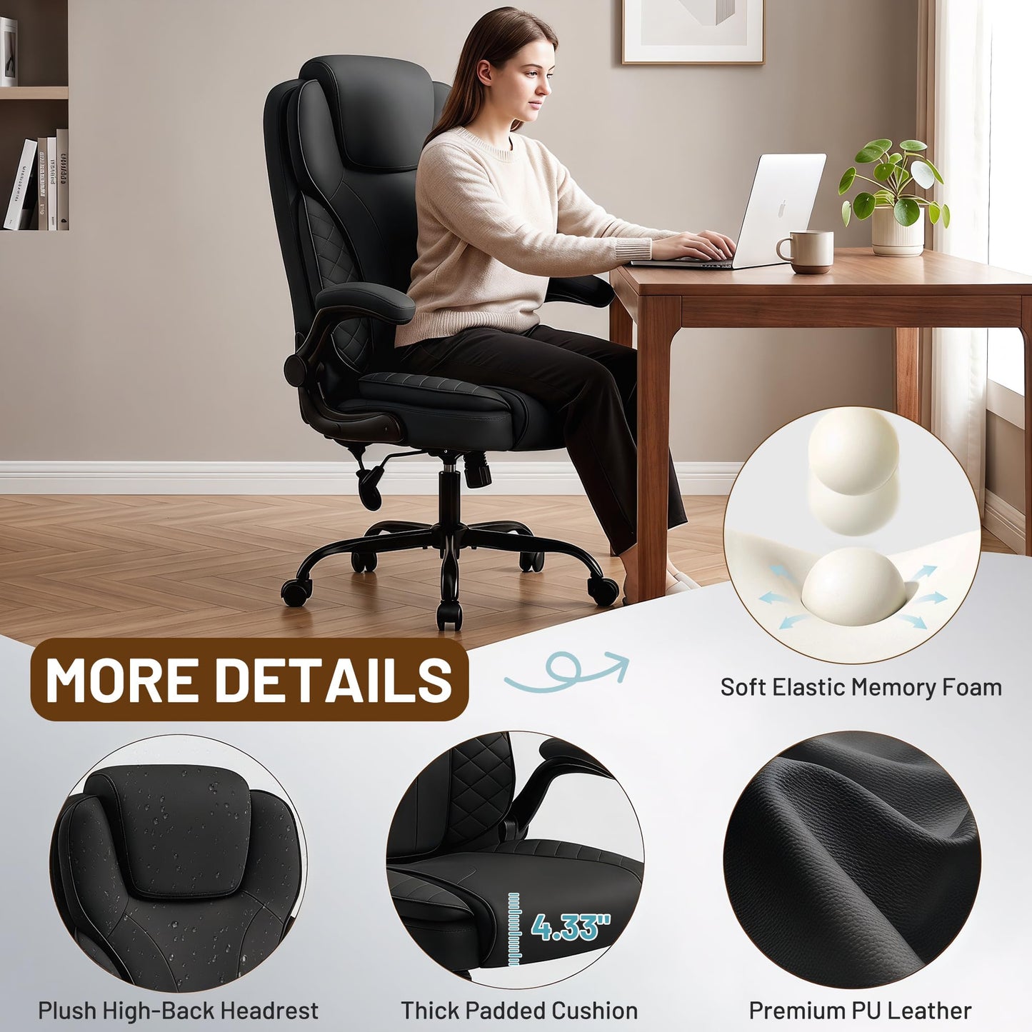 Hayelf Ergonomic Office Chair, PU Leather High Back Executive Chair with Adjustable Inflatable Lumbar Support and Padded Flip-Up Arms, Recline Swivel Task Computer Chair for Home Office, Black