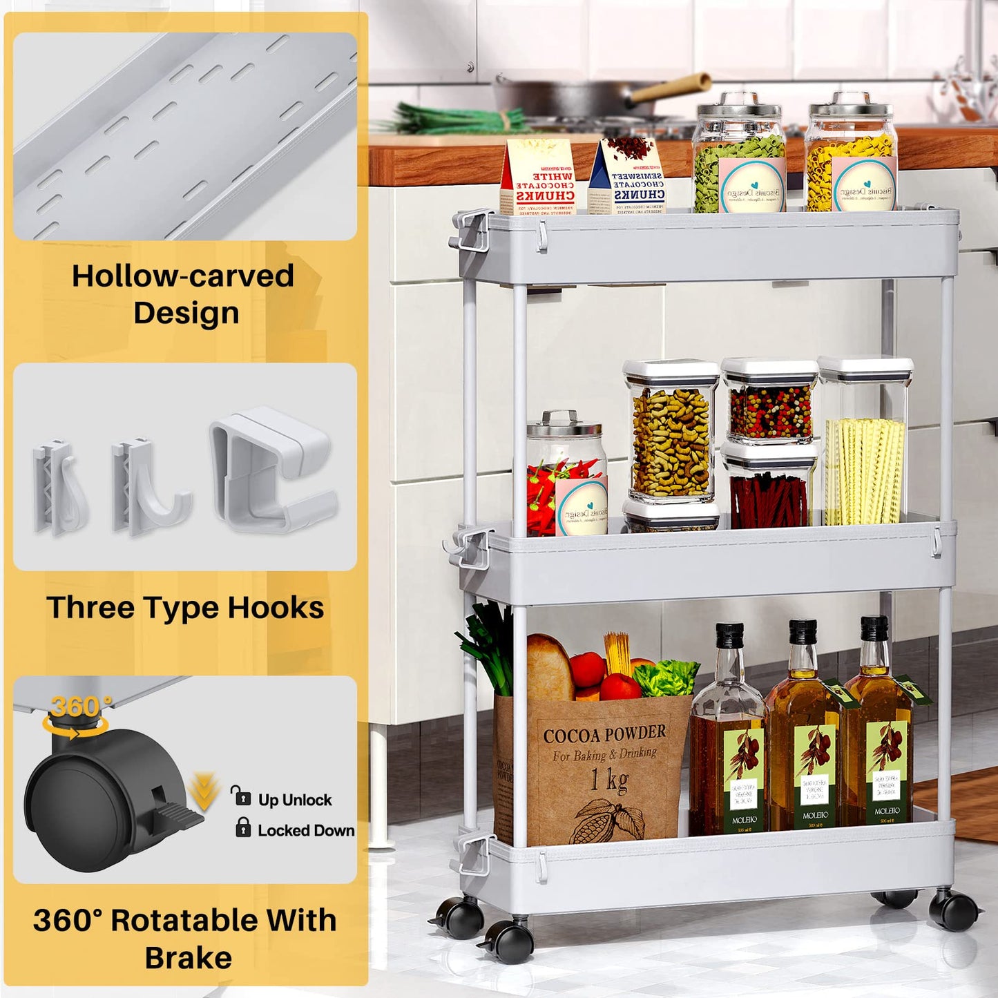 SPACEKEEPER Slim Rolling Storage Cart, 3 Tier Storage Organizer Laundry Room Organizer Mobile Shelving Unit, Multi-Purpose for Kitchen Office Bathroom Laundry Narrow Places, Gray