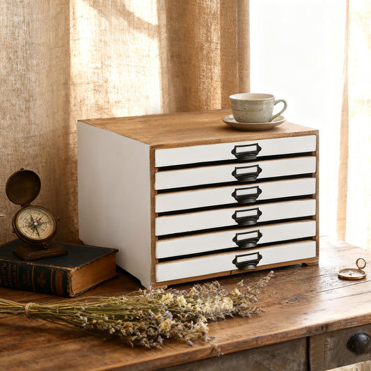 Xynthorvex Vintage 6-Drawer Wooden Desktop Organizer Cabinet, Rustic Distressed Wood Card Catalog Cabinet, Antique Storage Box for Jewelry Cosmetics Craft Paper Home Office Decor (White)