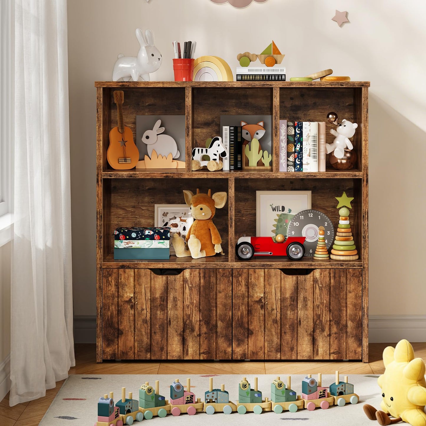 HOOBRO Toy Storage Organizer, Toy Organizers and Storage with 2 Movable Drawers and 5 Cubbies, Toy Chest Shelf for Books or Dolls, Kids Bookshelf and Toy Storage for Playroom, Rustic Brown BF88CW01