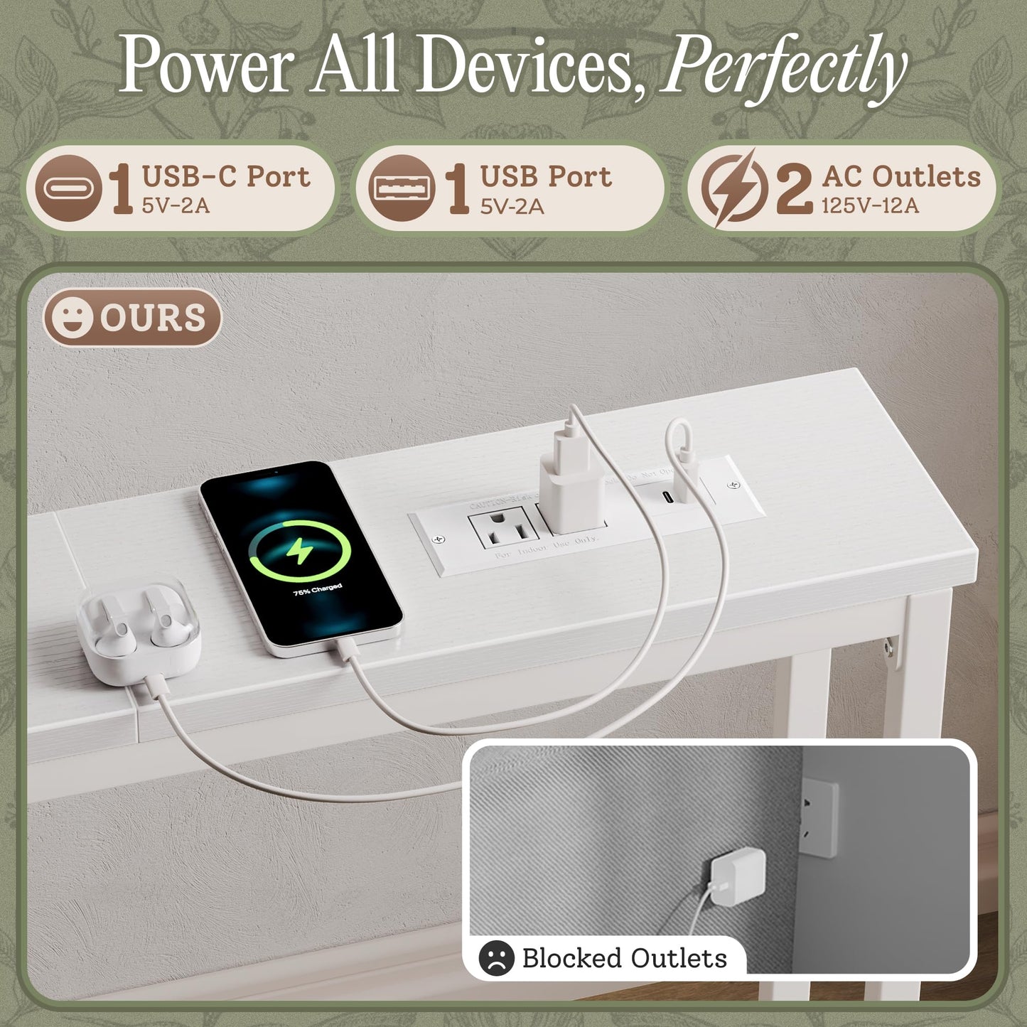 Huuger 110.2 Inch Behind Couch Table with 2 Power Outlets and USB-C Ports, Extra Long Narrow Sofa Table for Sectional Sofa, Skinny Console Table with Anti-Bump Pads, for Living Room, White