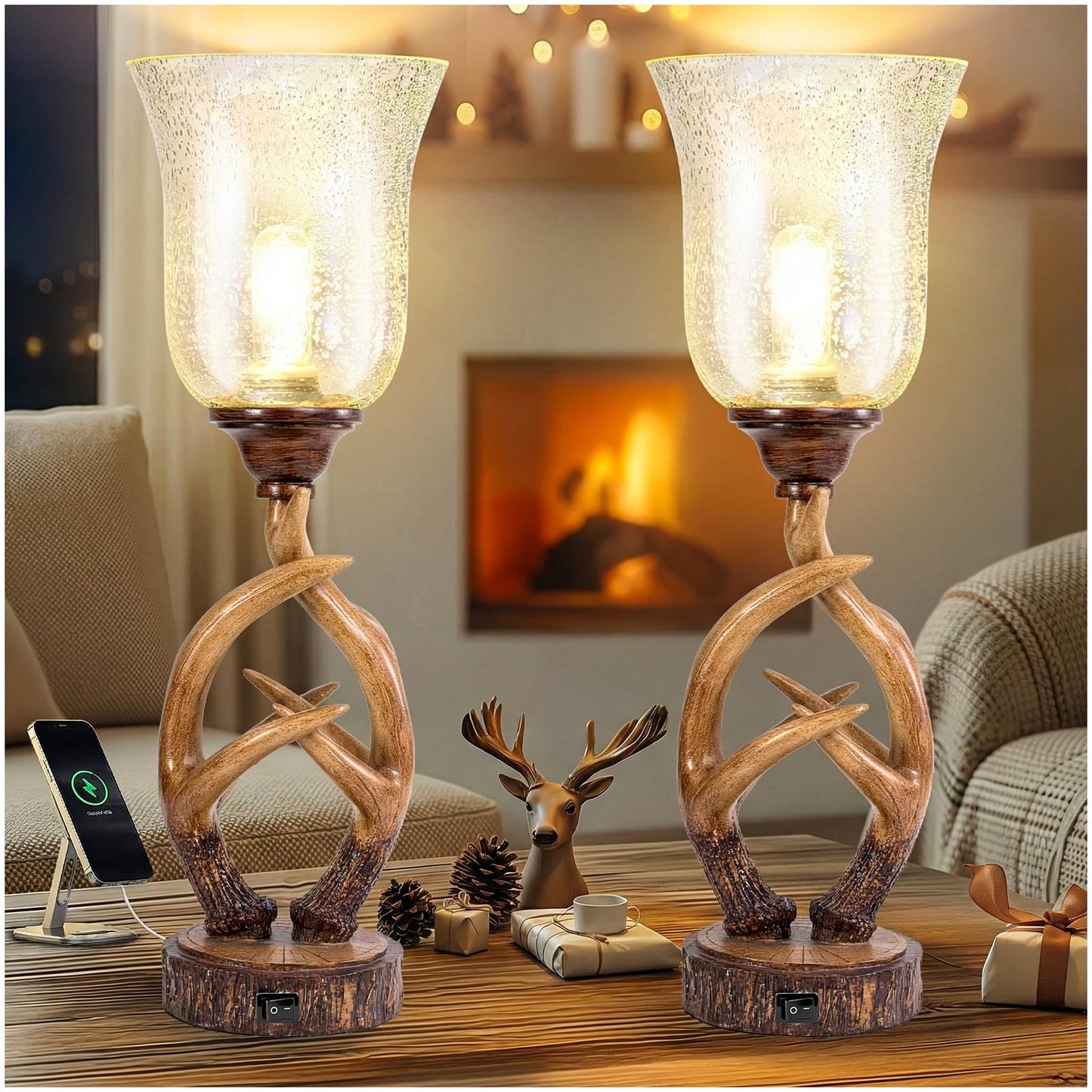 Scenekoy Antler Table Uplight Lamp Set of 2 for Living Room Bedroom, 20.5” Resin Memory Function Bedside Lamps with Glass Shade, Rustic Nightstand Lamp with USB Ports for Home Decor (Bulb Included)