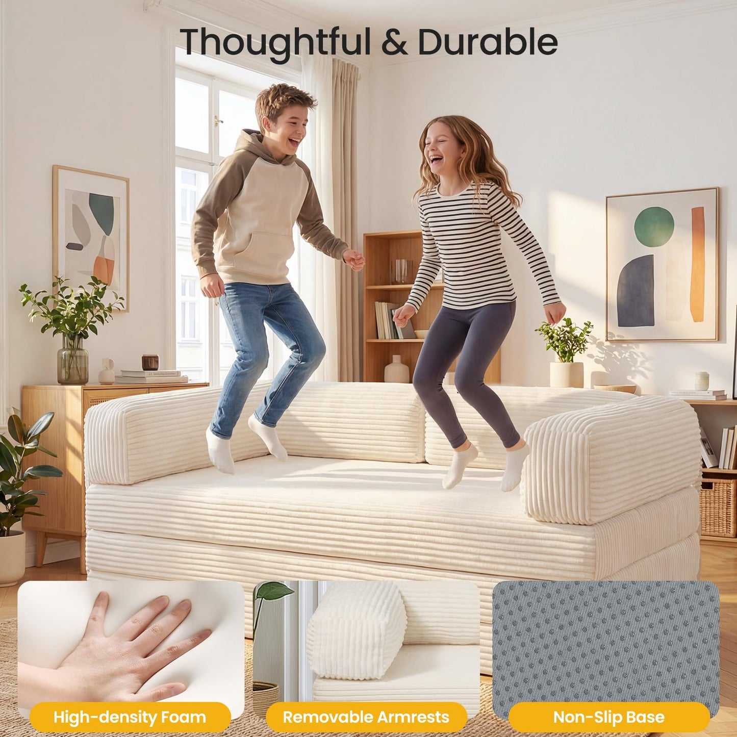 Erament Convertible Sofa Bed, Tri-Folding Mattress Queen with Removable Armrests & Washable Cover, Foldable Small Pull Out Couch Bed with High-Density Foam, Beige