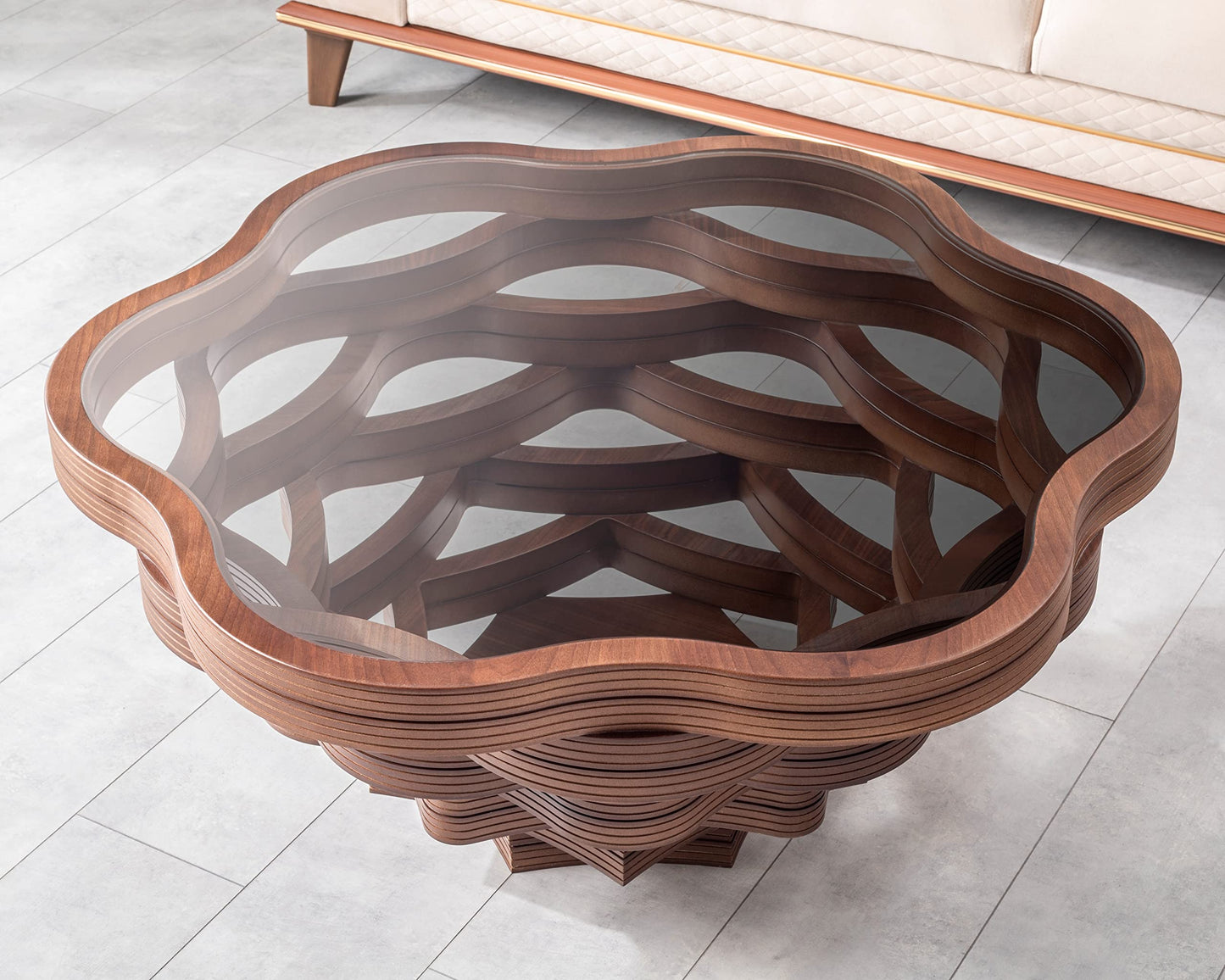 Papella Organic Round Coffee Table – Wavy Walnut Wood Base with Tempered Glass – Artistic Center Table for Modern Interiors, Studio & Office Furniture, Daisy Model