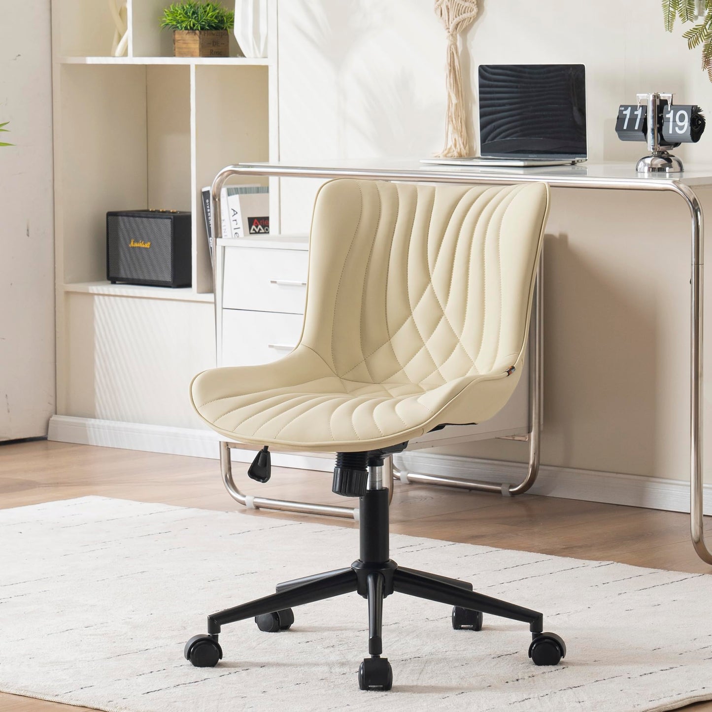 YOUNIKE Office Chair, Armless Desk Chair with Wheels, Adjustable Swivel Home Office Computer Task Chairs, Modern Faux Leather Padded Vanity Chair with Back, Beige