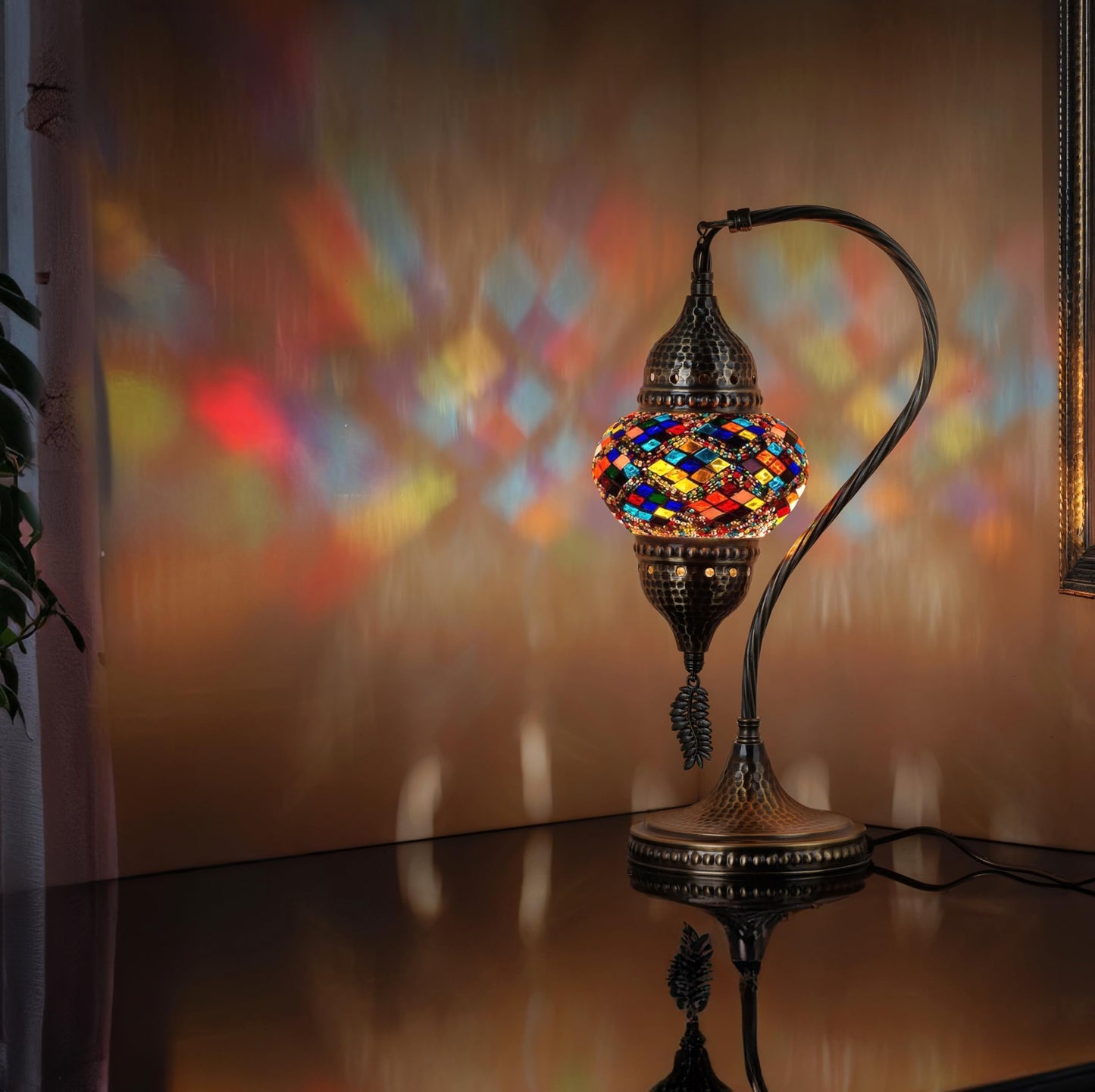 DEMMEX Turkish Moroccan Table Lamp, Swan Neck Tiffany Style Mosaic Glass Table Desk Bedside Lamp for Bedroom, Living Room – Handcrafted in Turkey, Multicolor