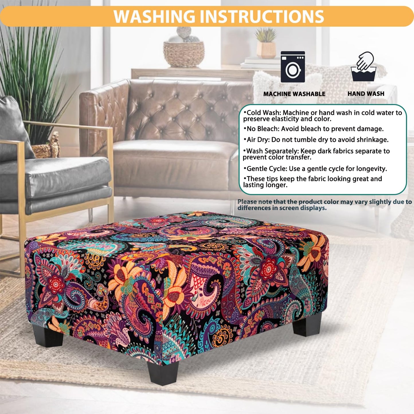 TOPHMDECOR Rectangle Ottoman Cover Printed,Stretch Footstool Slipcover with Elastic Bottom,Soft Fabric Protector for Rectangular Ottoman in Living Room or Bedroom,Medium,Purple