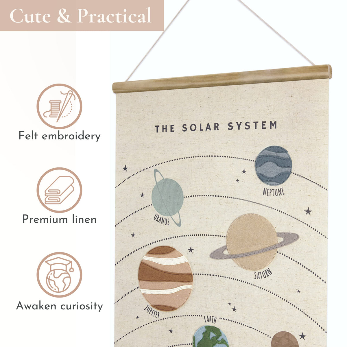 Bon et Beau 16 x 24 Inch Embroidered Solar System Wall Decor Framed with Wood Hanger - Outer Space Planets Poster for Boys and Girls Nursery, Bedroom, Playroom, Toddler and Kids Room