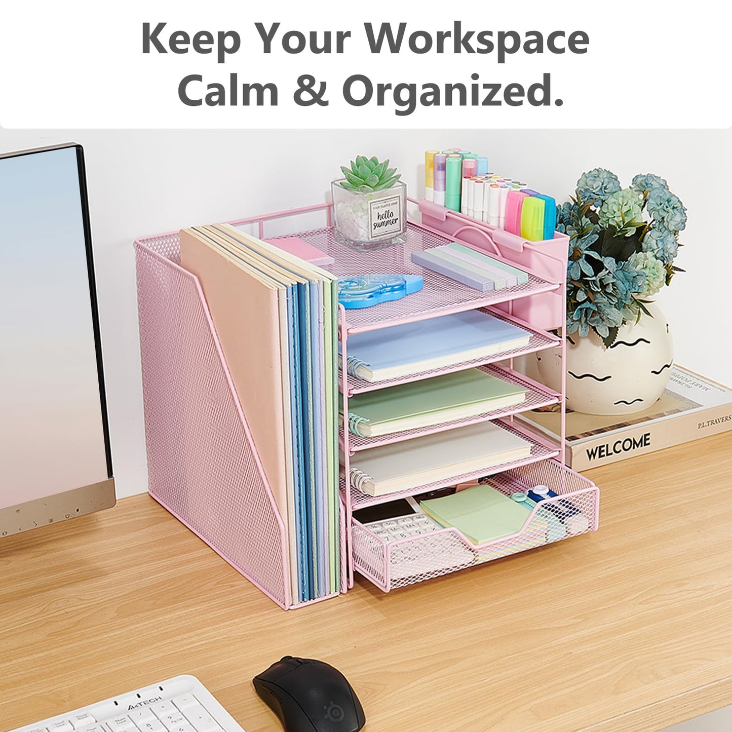Gugsey Desk Organizers and Accessories, 5-Tier Paper Letter Tray Organizer with File Holder, Drawer & Pen Holder, Office Desk Accessories, Desktop Organizer for Classroom Office Supplies, Pink