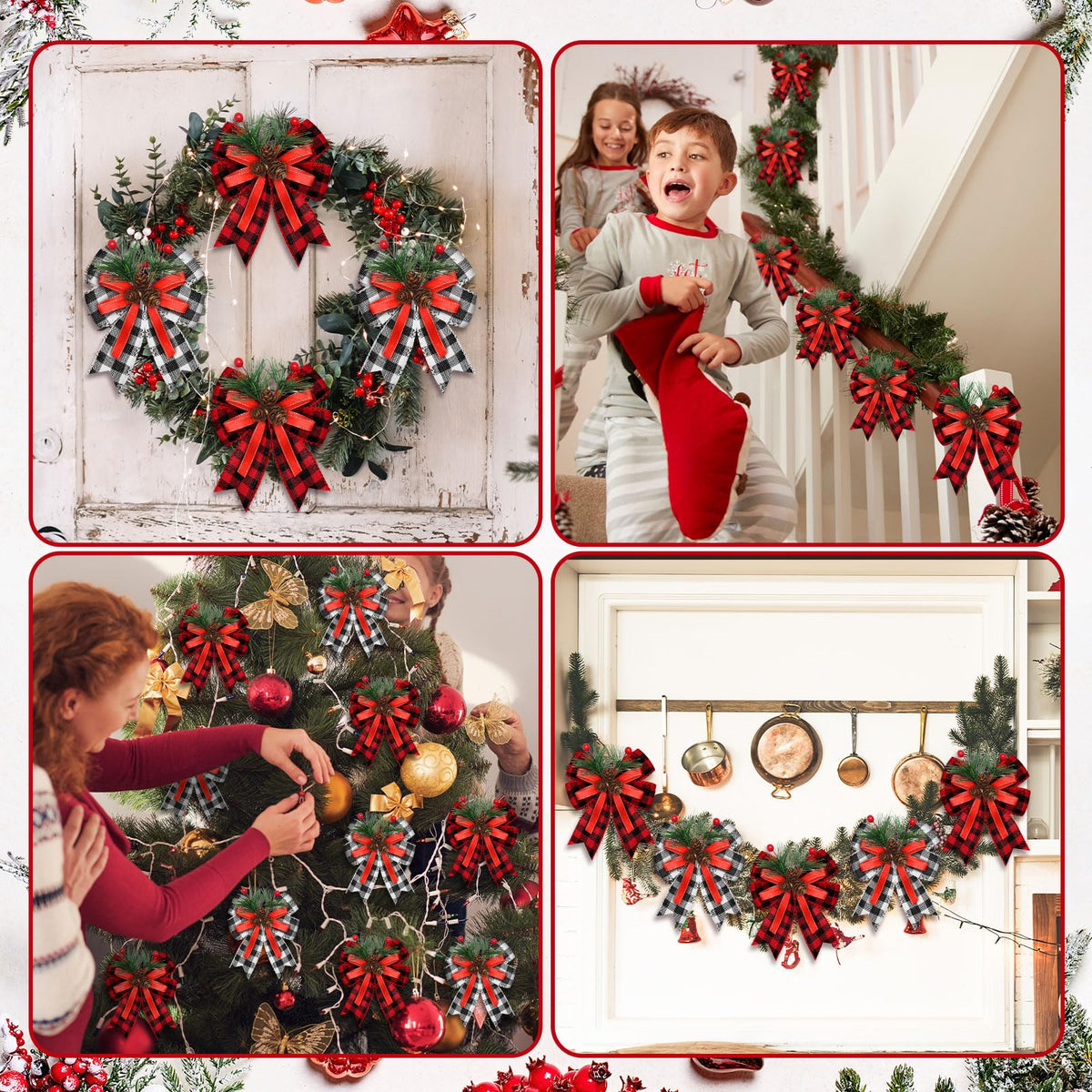 Syhood 6 Pcs Christmas Bows with Pine Cones Pine Needles Xmas Buffalo Plaid Bows Black White Plaid Ribbon Christmas Tree Wreath Decoration for Xmas Parties Indoor Outdoor Crafts DIY Decor