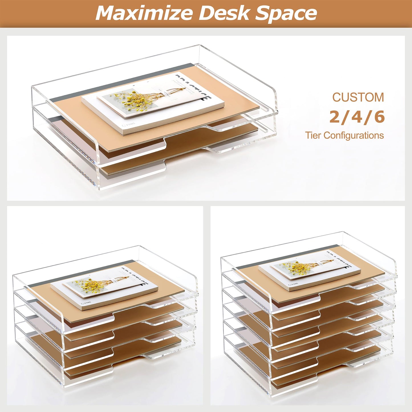SANRUI Clear Acrylic Paper Tray, 4 Tier Stackable Letter Trays Desk Organizer with Curved Design, Oversized Document File Holder for Home Office Classroom Desktop Storage