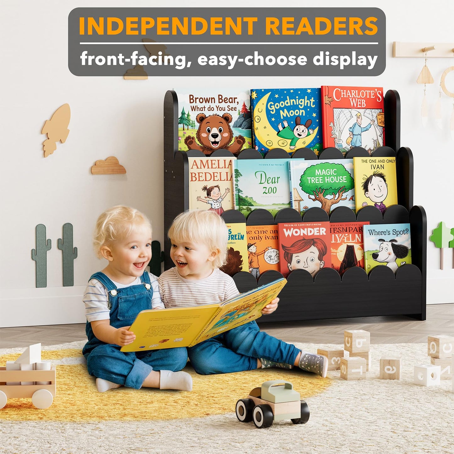 SpaceAid 3-Tier Scalloped Bookshelf, Montessori Bookcase for Toddlers, Wooden Book Shelf Organizer Display Furniture for Kids Rooms, Playroom, Nursery and Classroom, Black