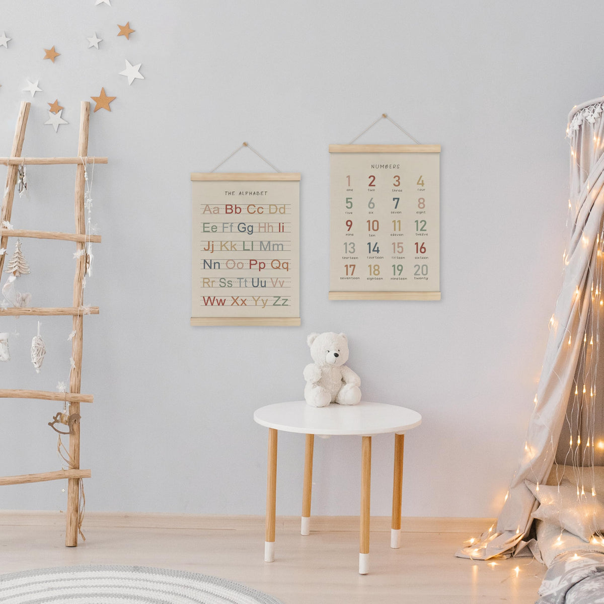 HRQKO Alphabet Numbers Poster Hanger Frame Set of 2, Nursery Wall Decor, ABC Banner Poster Wall Art with Wooden Frames, Alphabet Banner Wall Hanging Decor for Toddler Playroom Nursery, 12x16 Inch