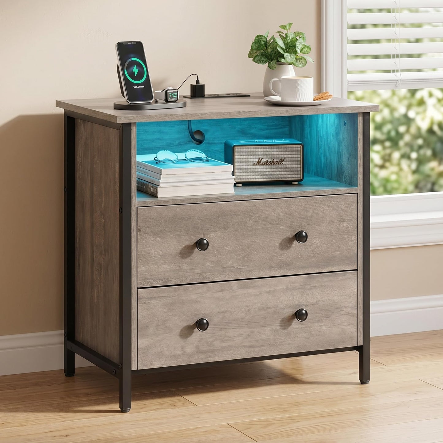 Tykacna 27 Inch Wide Night Stand, Large Wood Night Stand with 2 Drawers, LED Nightstand with Charging Station and Adjustable Drawer, Bedside Table for Living Room/Bedroom/Study/Office, Gray.