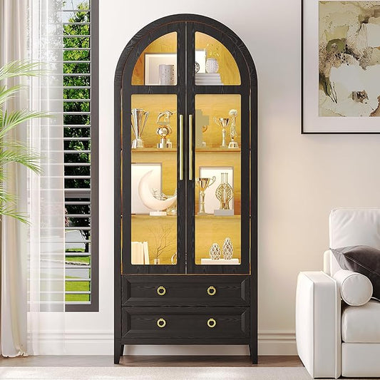 Arched Curio Cabinet with Glass Doors, 4-Tier Display Cabinet with 2 Drawers