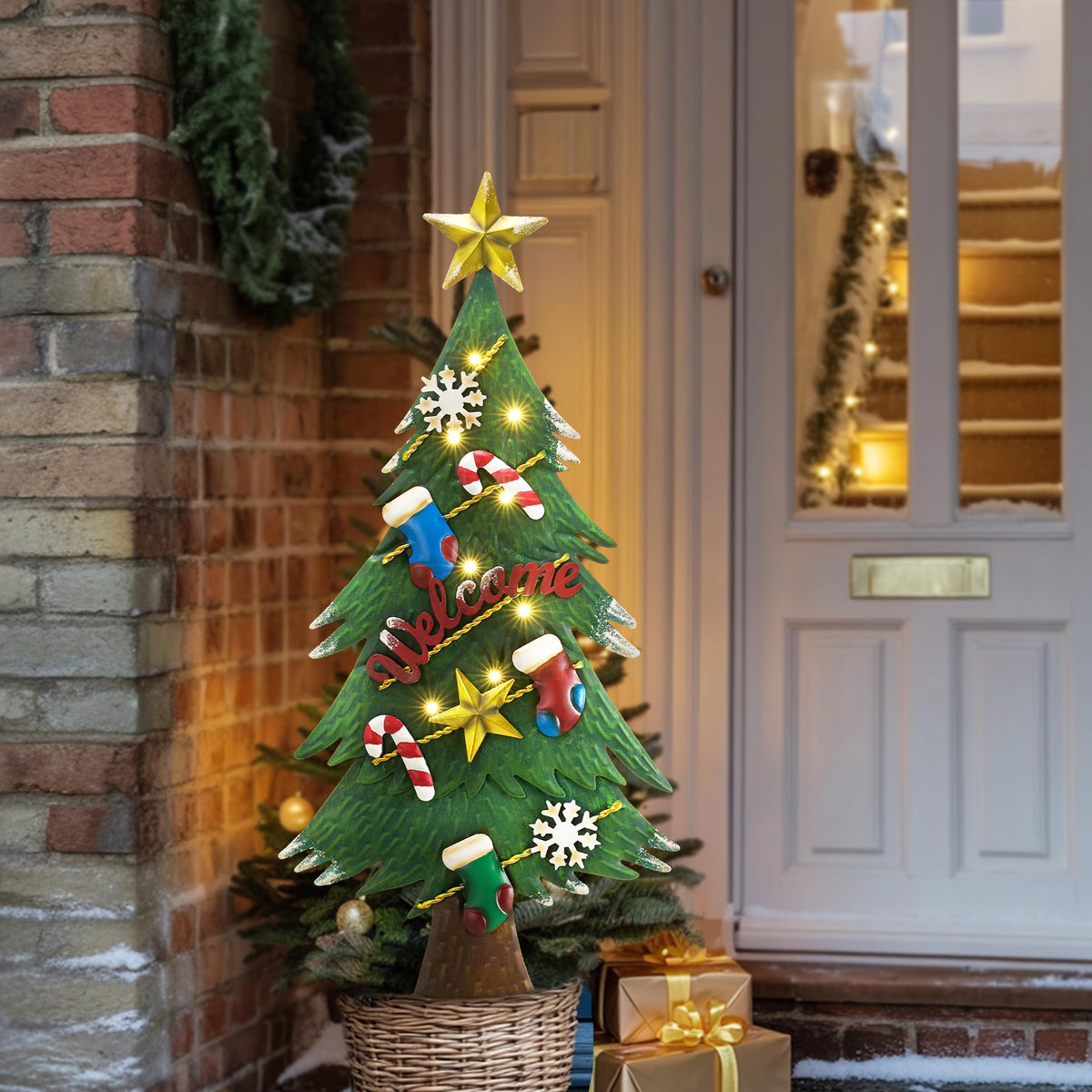 TERESA'S COLLECTIONS Christmas Garden Stake, Metal Outdoor Christmas Tree Decorations for Home, Welcome Sign with Solar Light, Green Waterproof Decoraions for Yard, Party Gifts,31"