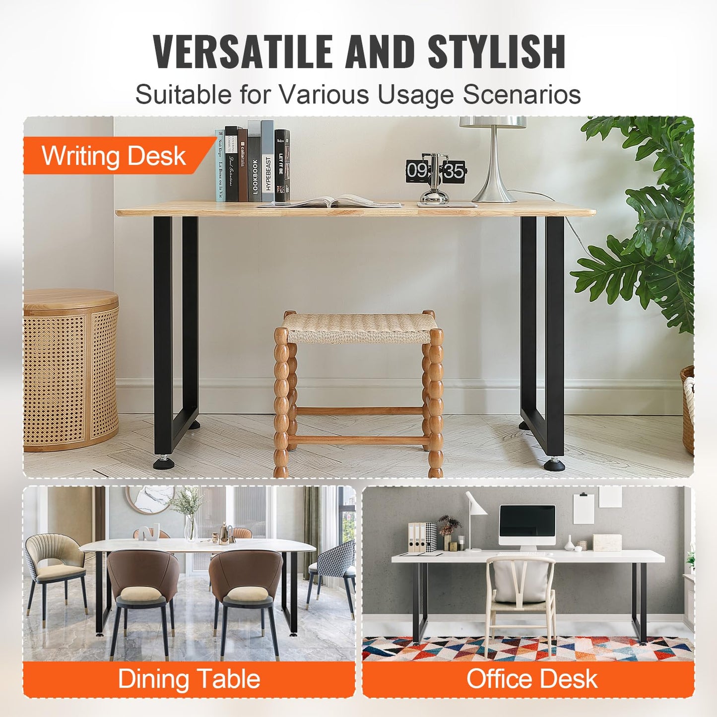 VEVOR 28 Inch Adjustable Furniture Legs, Square Reinforced Steel Office Table Legs Set of 2 for DIY, Max Load 1000 lbs Heavy Duty Desk Legs, Quick Instalation & Rich Accessories Legs Black