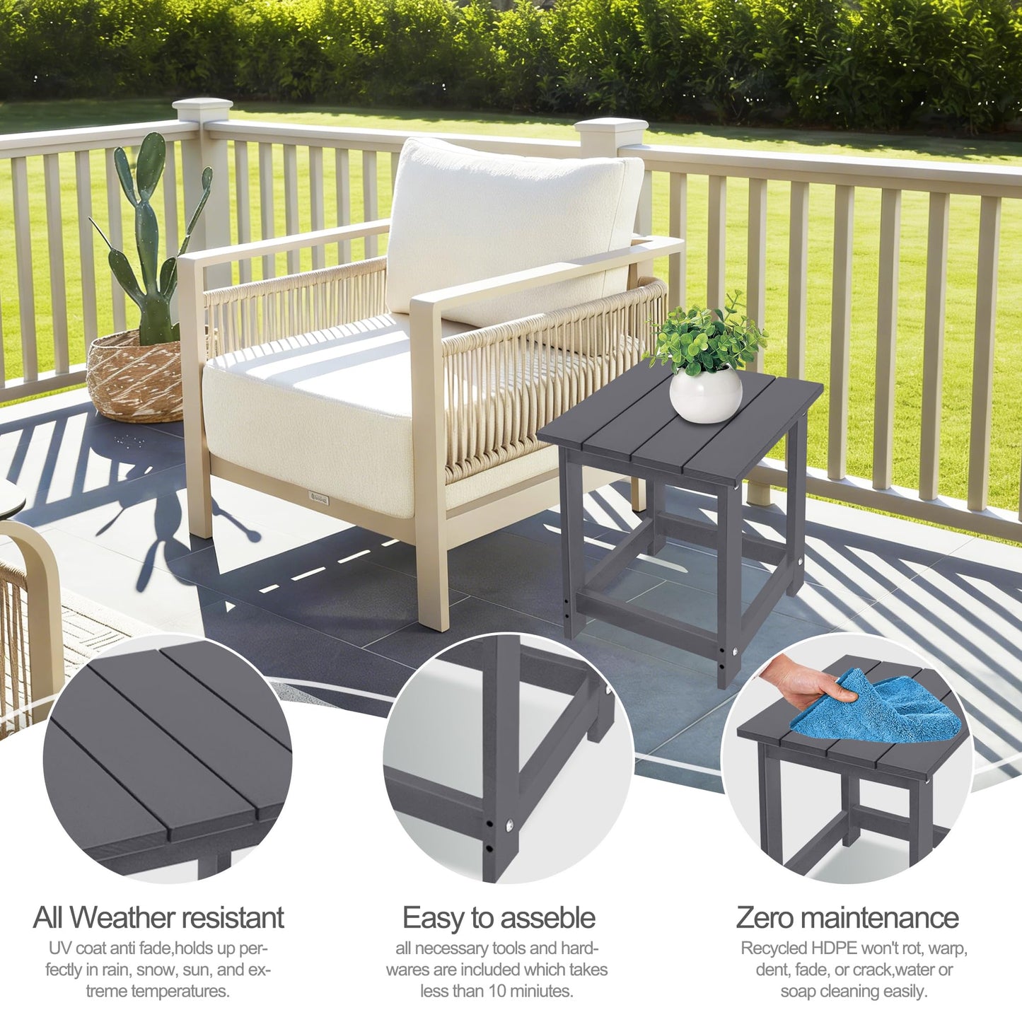 LZRS Square Patio Side Table, Heavy Duty HDPE Outdoor End Table with Wood Texture, Weatherproof Composite Table for Adirondack Chairs, Deck, Pool, Indoor/Outdoor, No Peeling or Cracking(Grey)