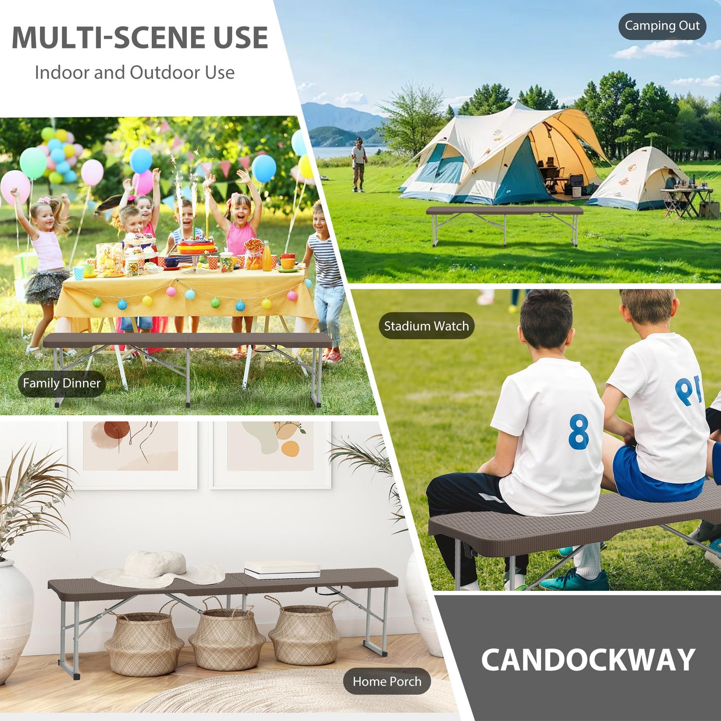 Candockway 6ft Plastic Folding Bench with Carrying Handle & Lock, Portable Outdoor Bench in Garden Picnic Camping Dining Party Seat, Waterproof Bench for Soccer Activities, Ratten Patterned(2 Pack)