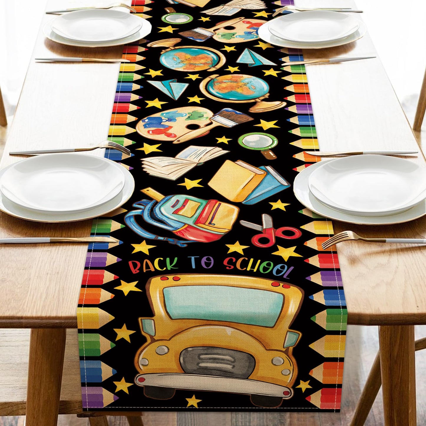 Croar Back to School Bus Dining Table Runner, First Day of School Bag Book Pencil Painting Tellurion Burlap Kitchen Decoration, Classroom Indoor Outdoor Home Decor Party Supply 13 x 72 Inches