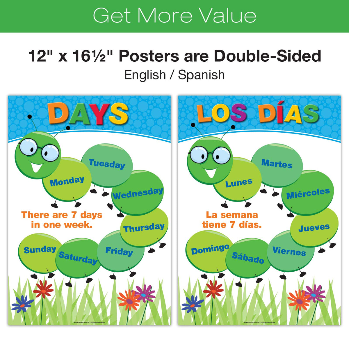 Global Printed Products, 20 Large Educational Posters For Kids (16.5x12 Double Sided English/Spanish) Alphabet Colors Letters Numbers Shapes Months Days Weather Time Animals Solar System Seasons Map
