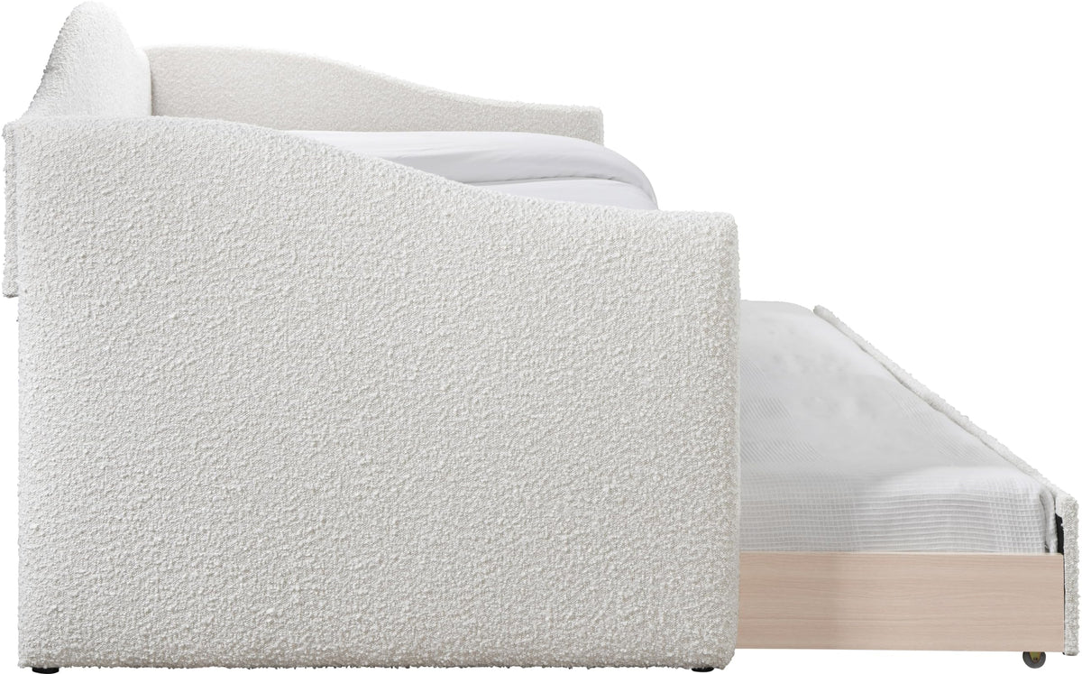 Meridian Furniture ArloCream-T Arlo Collection Modern | Contemporary Twin Daybed with Rich Cream Boucle Fabric, Twin Trundle, 82.5" W x 43.5" D x 32" H, Cream