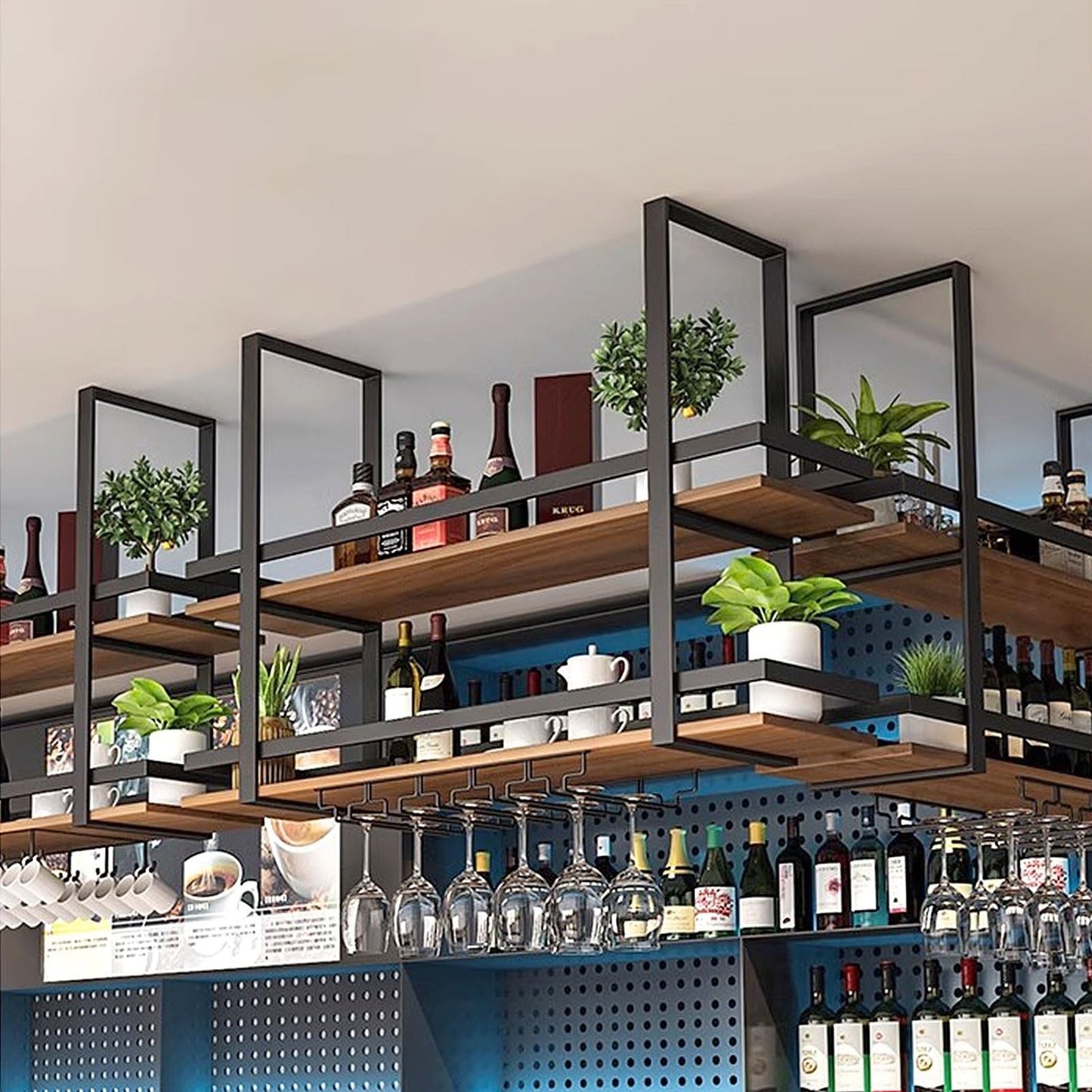 Tatitzro Ceiling Hanging Wine Bottle Holder, Metal Floating Glass Shelf Wall Mounted Wine Bottle Rack Shelves Decorative Plant Display Storage Shelf with Stemware Hanger, for Bar Cafe(60x30
