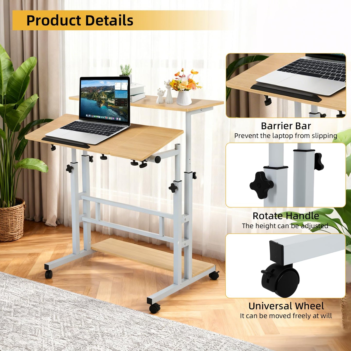 FAHKNS Small Standing Desk, Portable Stand Up Desk with Wheels, Adjustable Height Computer Desk for Home Reading Desk and Office Work