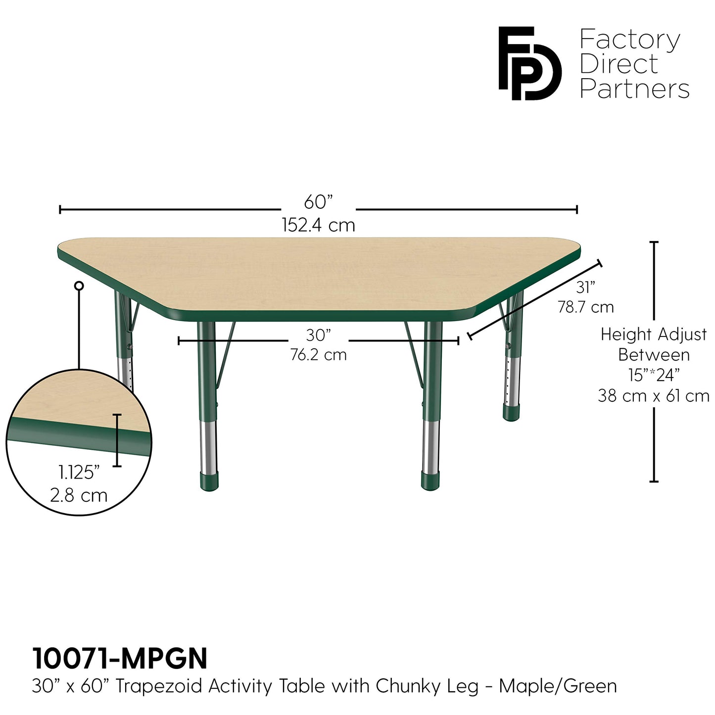 FDP Trapezoid Activity School and Classroom Kids Table (30 x 60 inch), Chunky Toddler Legs for Collaborative Seating Environments, Adjustable Height 15-24 inches - Maple Top and Green Edge