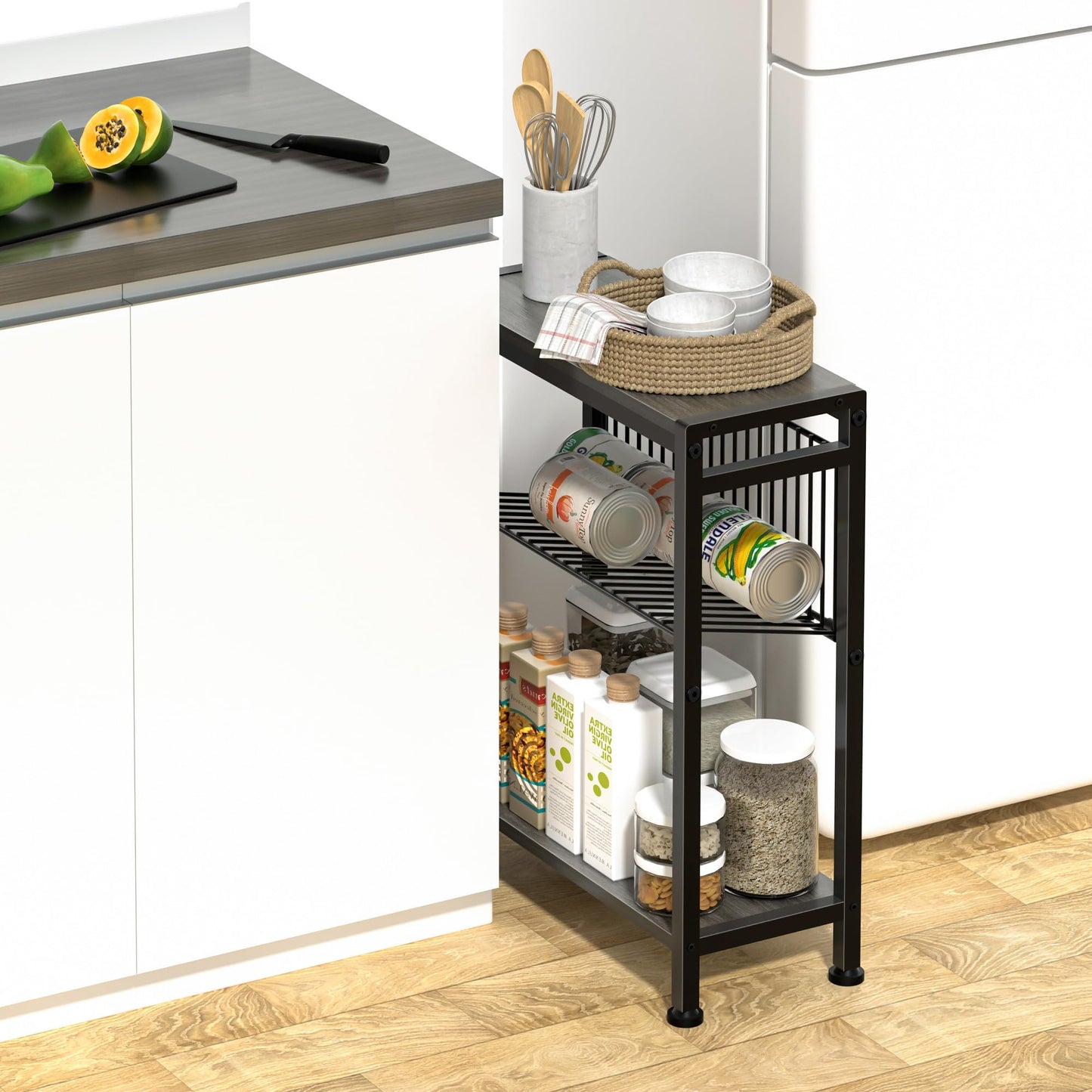 Lifenite Side Table for Small Spaces, Narrow End Table with Magazine Holder, 2 in 1 Design Slim Side Table, Skinny Nightstand for Living Room Bedroom, Thin Side Magazine Table, Grey