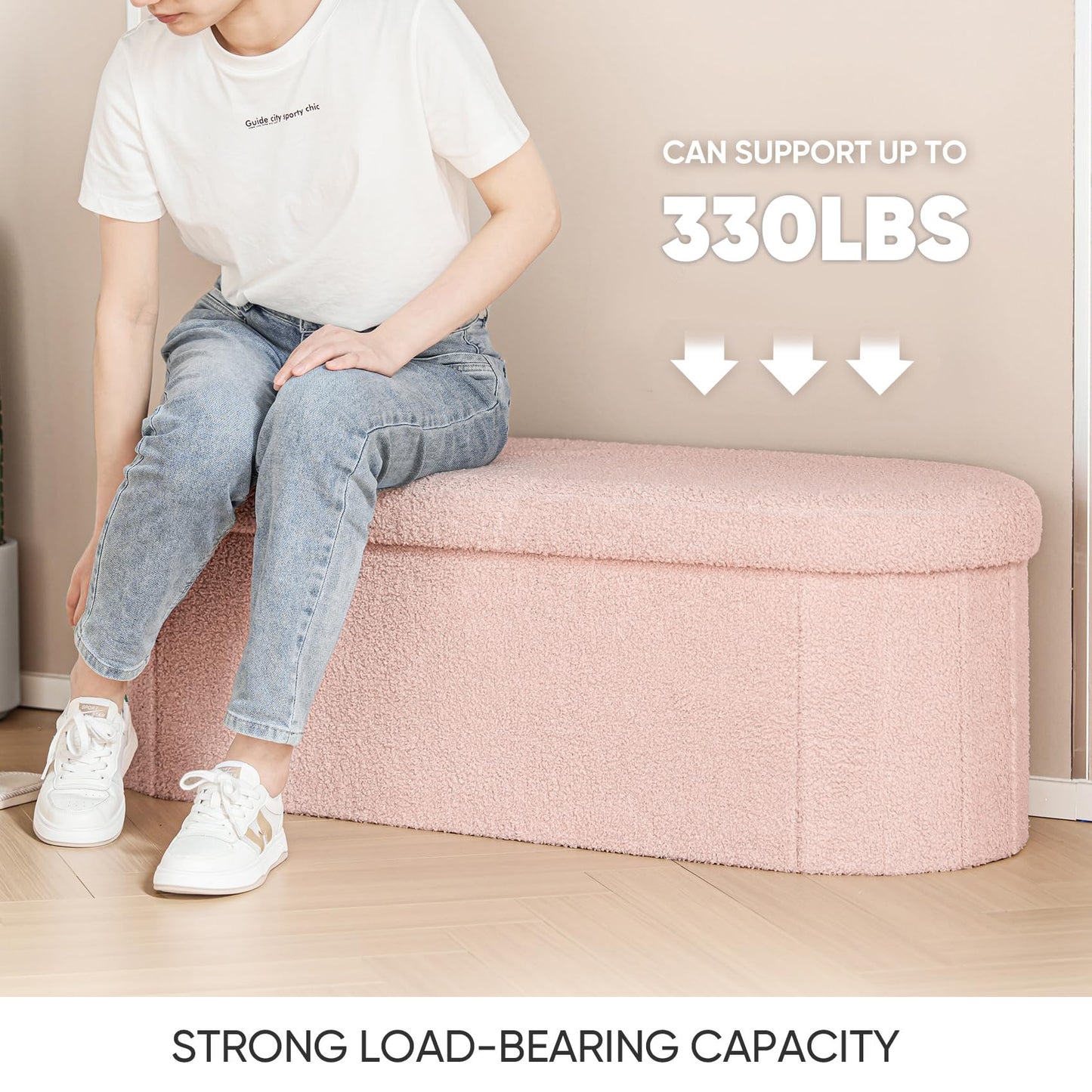 B FSOBEIIALEO Ottoman with Storage for Living Room, Sherpa Folding Storage Ottoman Foot Rest, 43.3 Inches Collapsible Bedroom Bench Pink