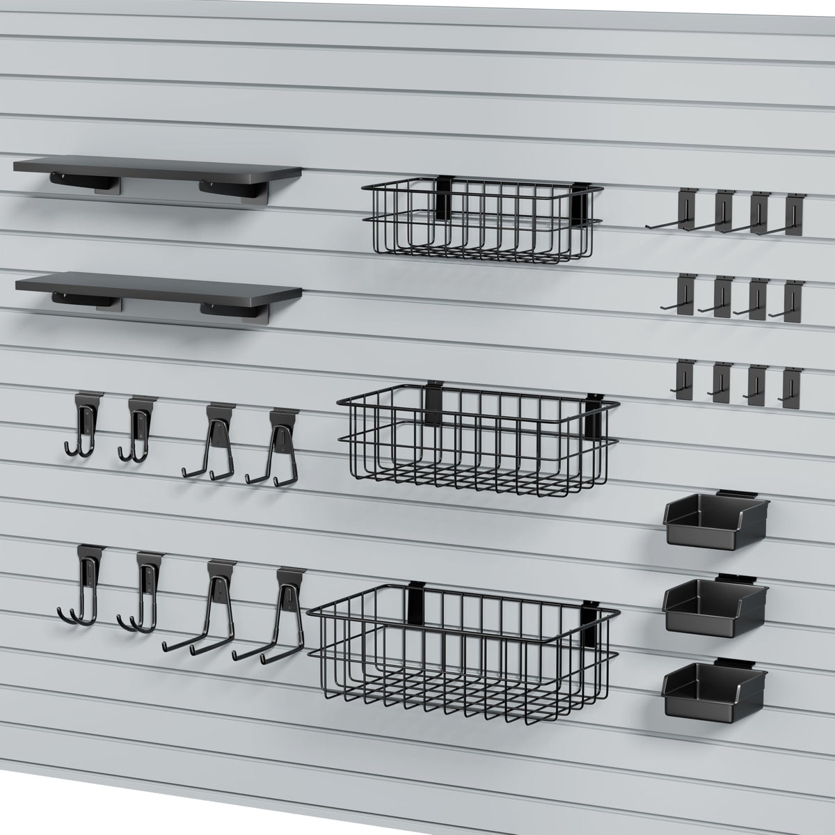 35Pcs Slatwall Accessories Kit, with Slatwall Hooks, Baskets, Shelves, Bins, Heavy Duty Slat Wall Accessory for Garage Organization, Workshop & Utility Room