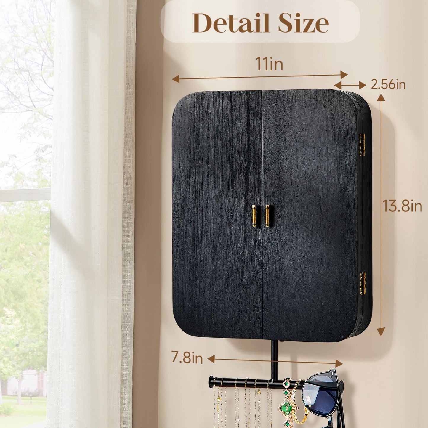 Pinzoveco Hanging Jewelry Organizer, Wall Mounted Jewelry Organizer for Earring Holder Organizer, Jewelry Cabinet Holder Jewelry Storage Box for Earrings, Necklaces, Bracelets, Ring Holder (Black)