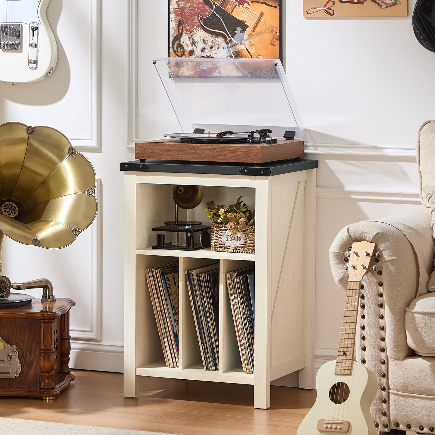 Joaxswe Record Player Stand with Vinyl Record Storage,White Record Player Table Holds up to 160 Albums,Large Wood Turntable Stand Cabinet Dispaly Shelf for Living Room,Bedroom,Office