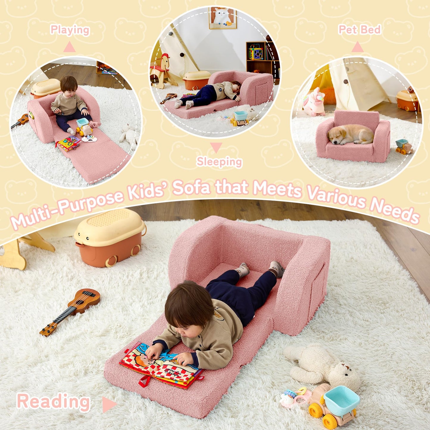 MuaMelop Toddler Couch, 2-in-1 Toddler Chairs Comfy 1-3 Years Old, Toddler Chair for Girls and Boys, Kids Couch Bed Fold Out, Convertible Baby Sofa to Lounge Chair for Playing, Reading, Napping, Pink
