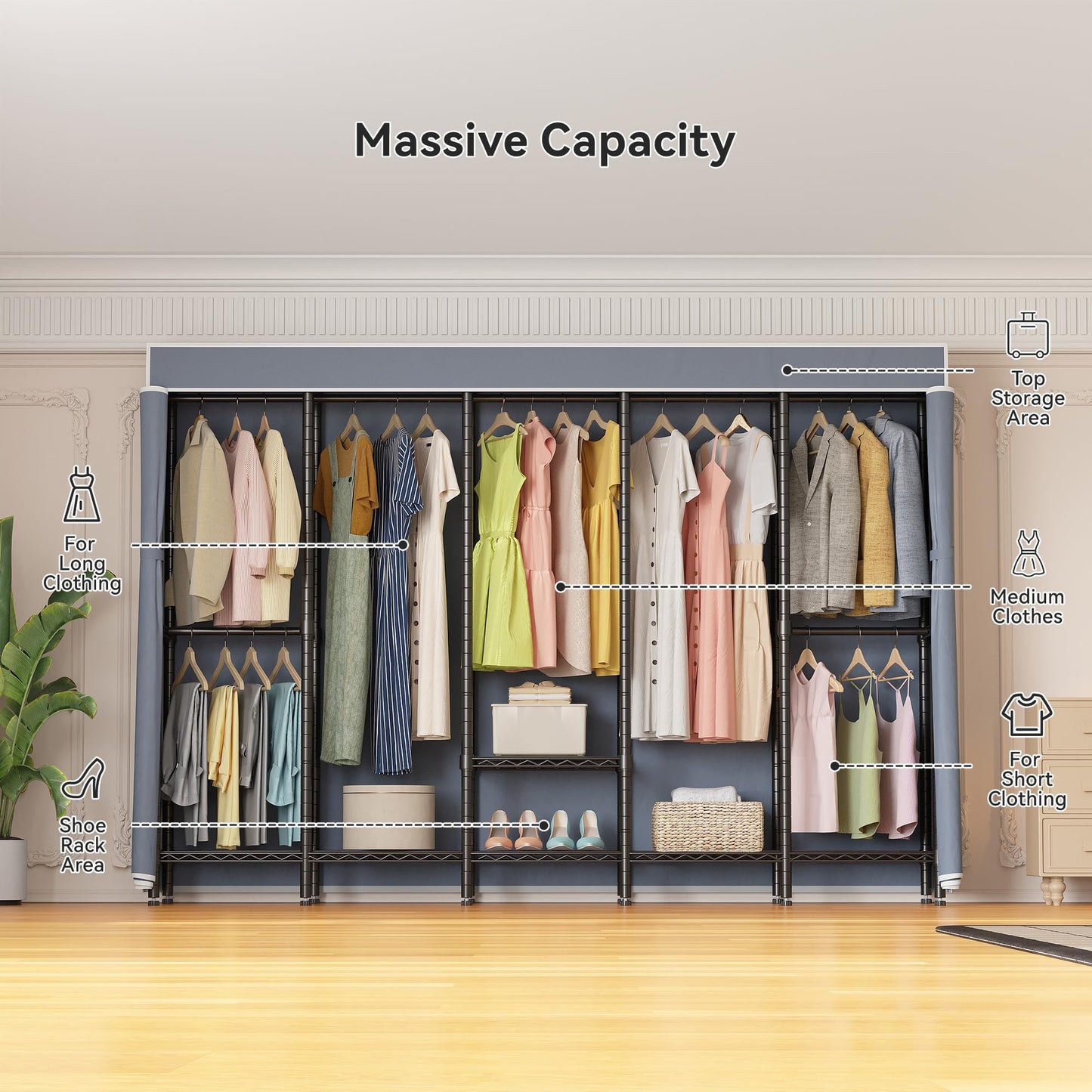 Higeego 94.5"W Heavy Duty Garment Rack with Cover, H5C Large Clothes Rack with Adjustable Shelves and Hanging Rods Dustproof Closet for Storage and Organizer, Black Rack with Grey Cover, Load 1400 lbs