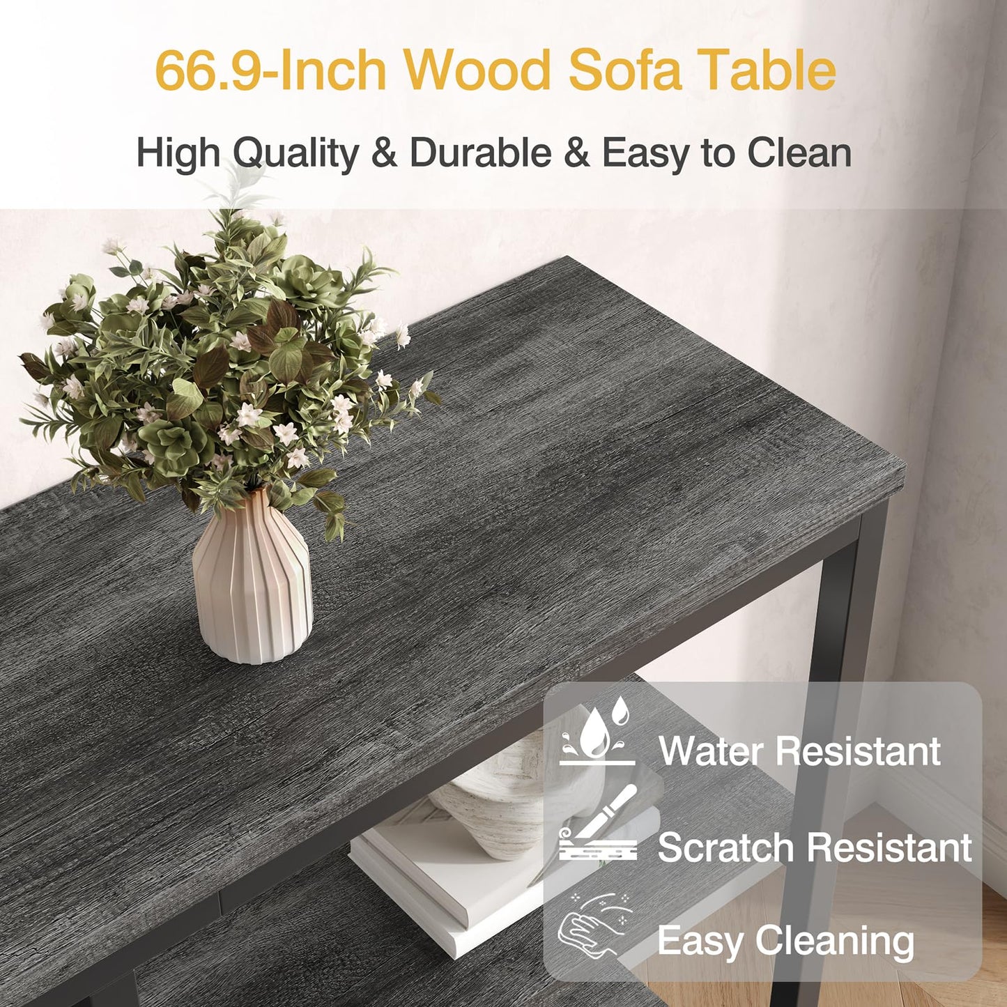 Tarnorci 66.9'' Console Table, 3-Tier TV Stand with Storage, Home Sofa Living Room Table Behind the Couch for Entryway (Grey Oak+Black)
