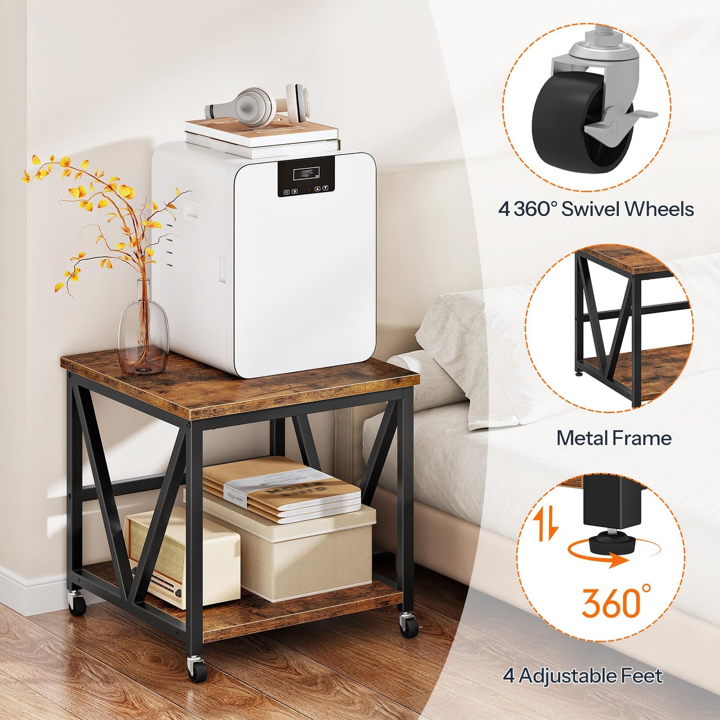 HOOBRO Mini Fridge Stand with 2-Tier Storage Shelf, 19.7” Square End Table, Mini Fridge Table with Wheels and Adjustable Feet, Sturdy Metal Frame for Living Room, Bedroom, Rustic Brown BF01BX01