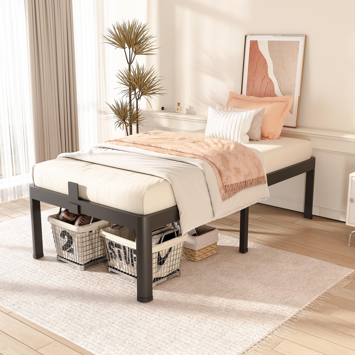 FUIOBYVV Twin Bed Frames with Round Corner Edge Legs 18 inch High 3500 lbs Heavy Duty Metal Platform Bed Frame Twin Size No Box Spring Needed/Non-Slip/Steel Slat Support/Noise Free