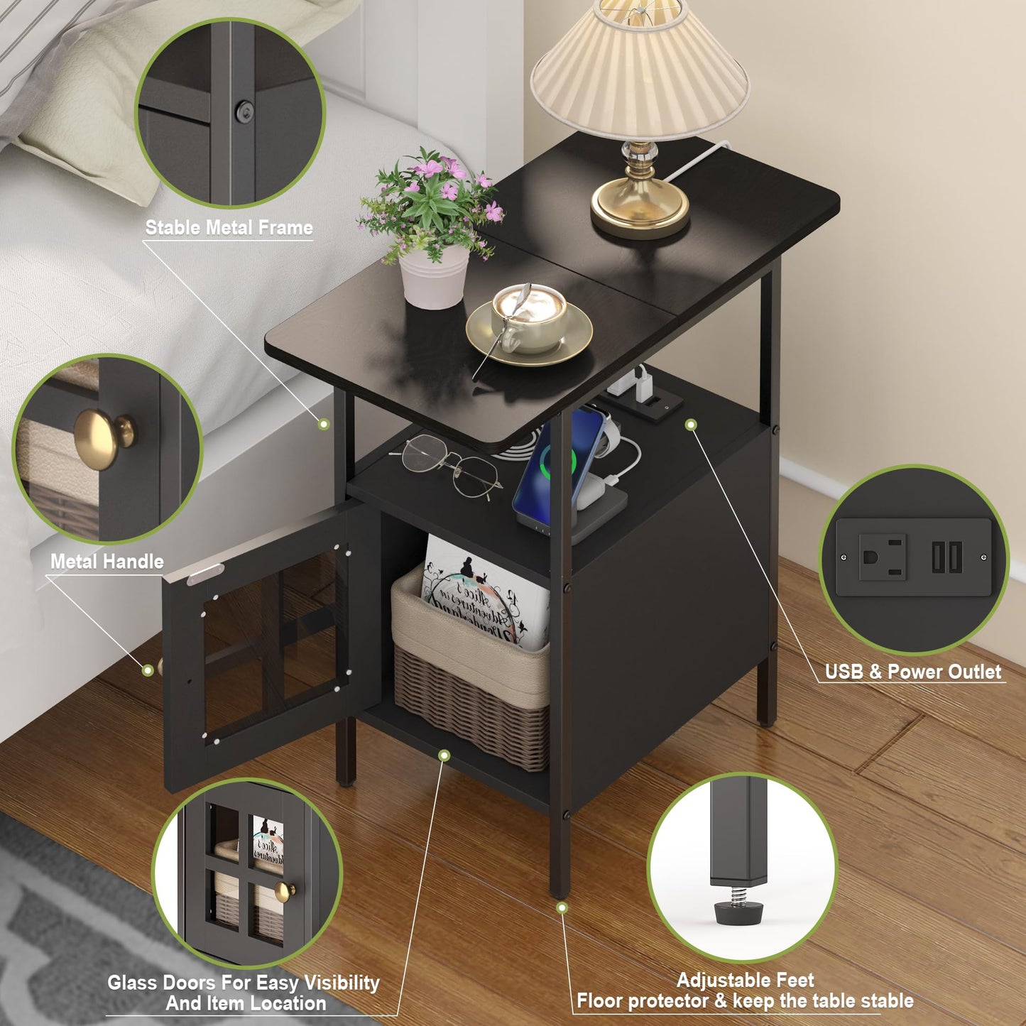 Farmhouse Narrow Side Table with Charging Station - 3-Tier End Table with USB & Outlets Compact Bedside Storage Table for Small Spaces, Multi-Functional Accent Table for Couch Corner Entryway Black