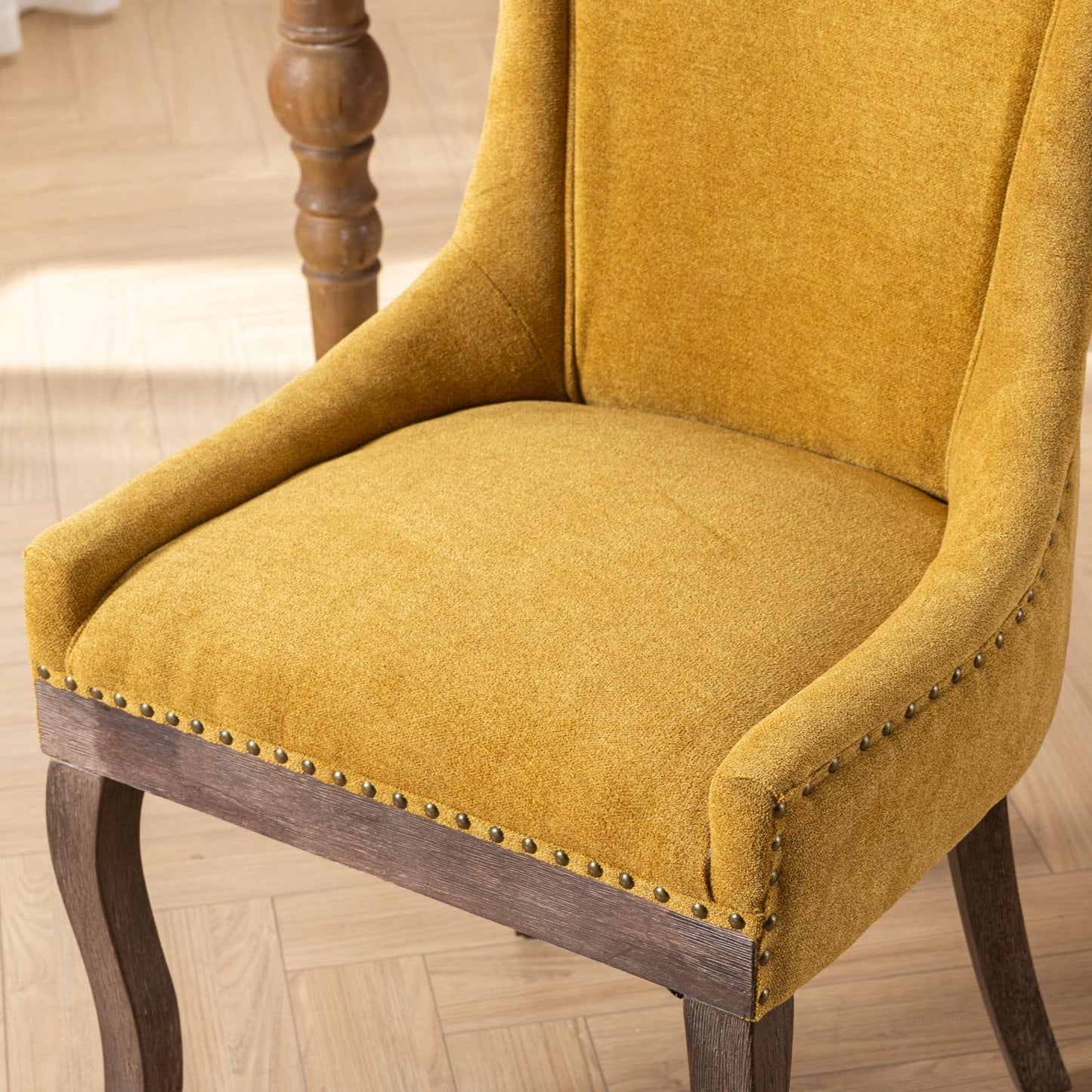Ball & Cast Mid-Century Upholstered Dining Chairs Set of 2, Thickened Fabric Wingback Kitchen Chairs with Bronze Nail Head & Toned Solid Wood Legs, Golden