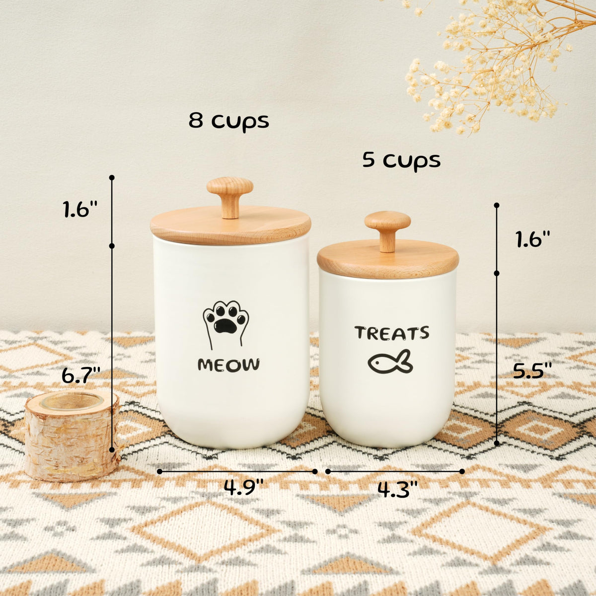 OTTENON Cat Treat Container with Airtight Lid, Cat Food Oganizer Dry Food, Cat Food Storage Containers, Pet Treats Canister, Cat Treat Jar Set of 2-8.3x4.9 & 7.1x4.3 (White)