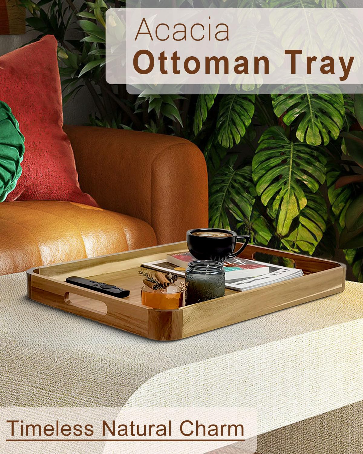 22 inches Acacia Wood Ottoman Serving Tray with Handles & Rounded Corners