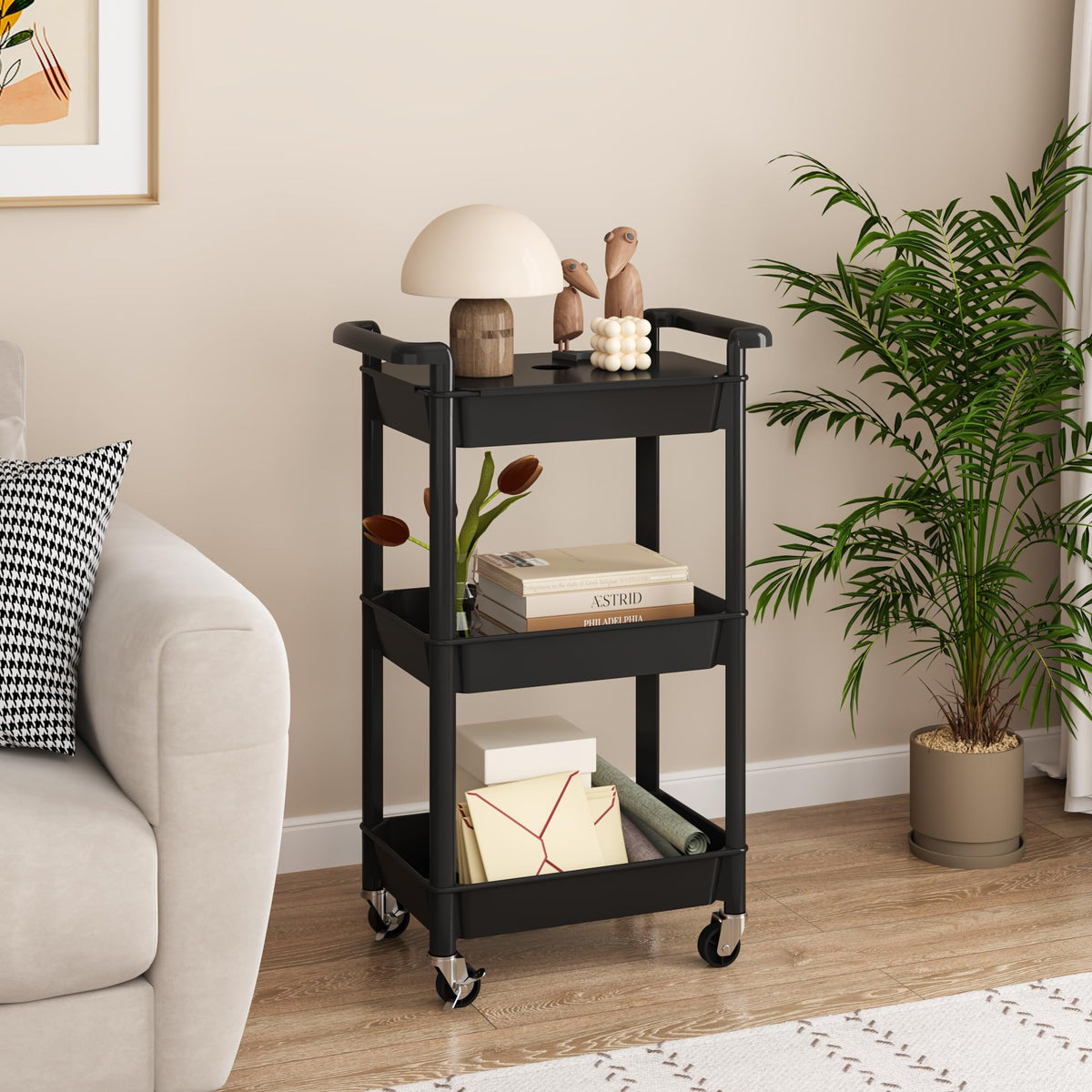 MIOCASA Utility Rolling Cart with Cover Top Board, 3-Tier Kitchen Storage Organization, Art Cart with Wheels for Office, Classroom, Livingroom, Kitchen, Bathroom (Black, 3-Tier-Plastic)