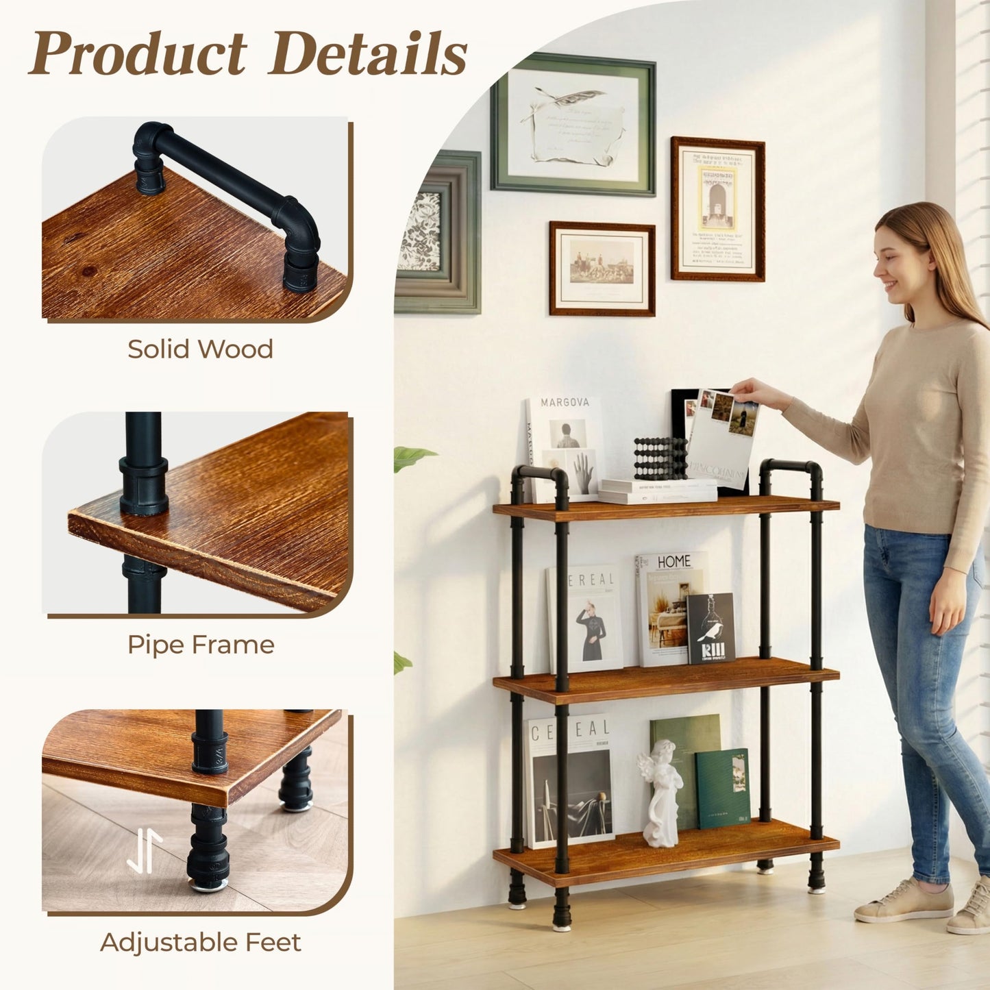 Anynice Industrial Bookshelf, Rustic Open Bookcase, 3 Tier Wood and Metal Bookshelves, Solid Pine Wood and Iron Pipe Storage Shelf Narrow Small Space Organizer for Living Room Office Bedroom Kitchen