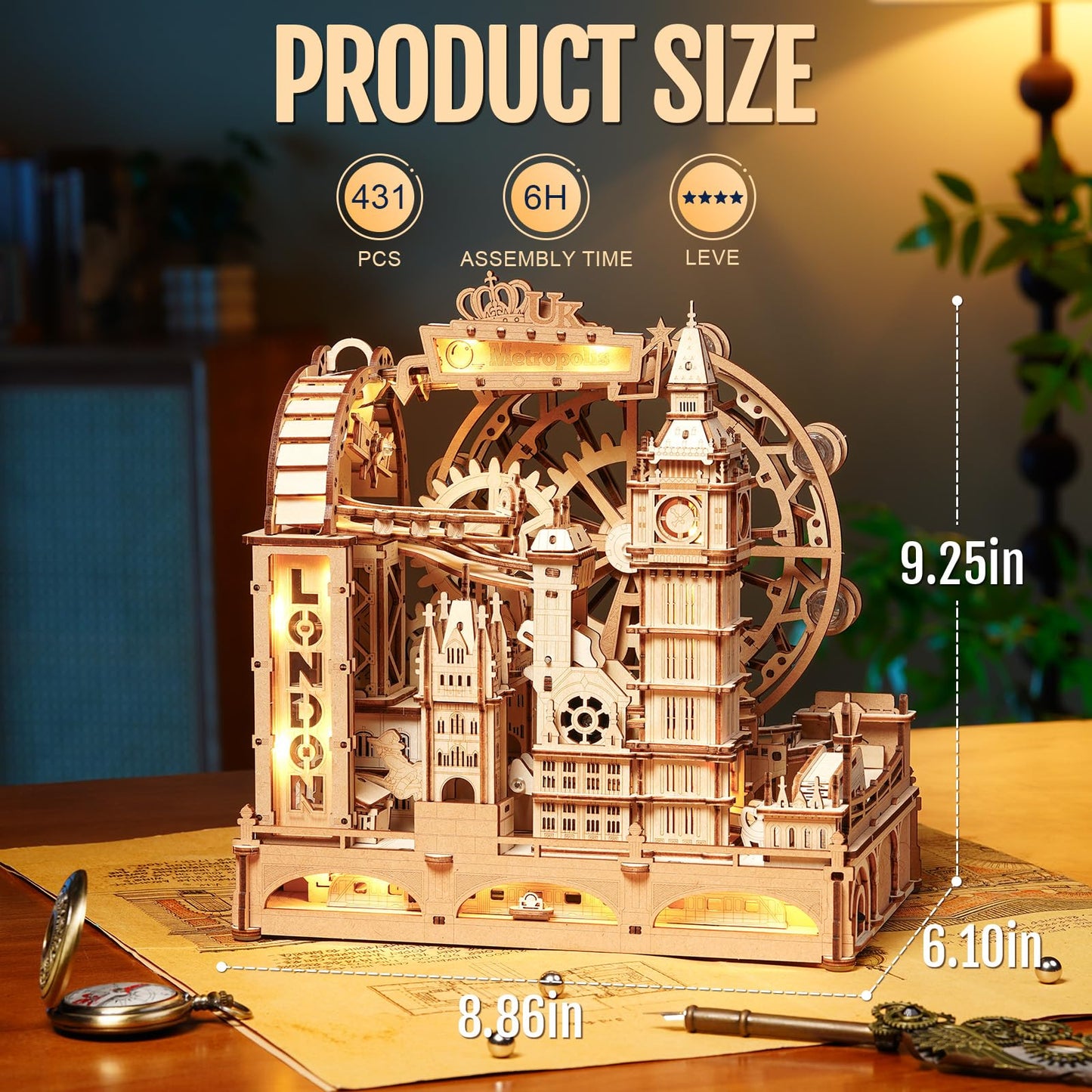 ROKR 3D Wooden Puzzles for Adults,Marble Travel London,431Piece 3D Puzzles,Marble Run Gift for Adults