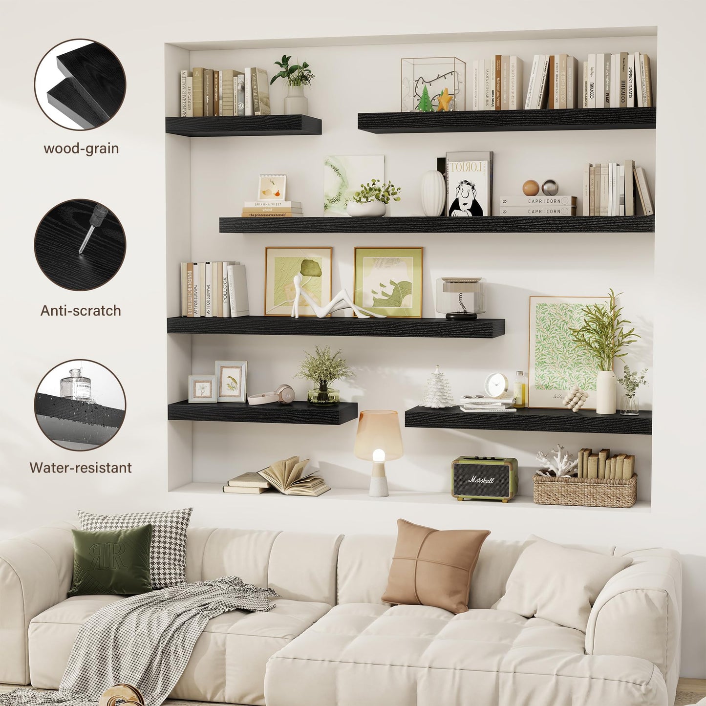 Acovy 30 Inch Floating Shelves, 12" Deep Floating Shelf Wall Mounted, 30" Wall Shelves, Rustic Deep Bookshelf, Extra Deeper & Thicker Display Shelves for Bedroom, Living Room, Black, Set of 2